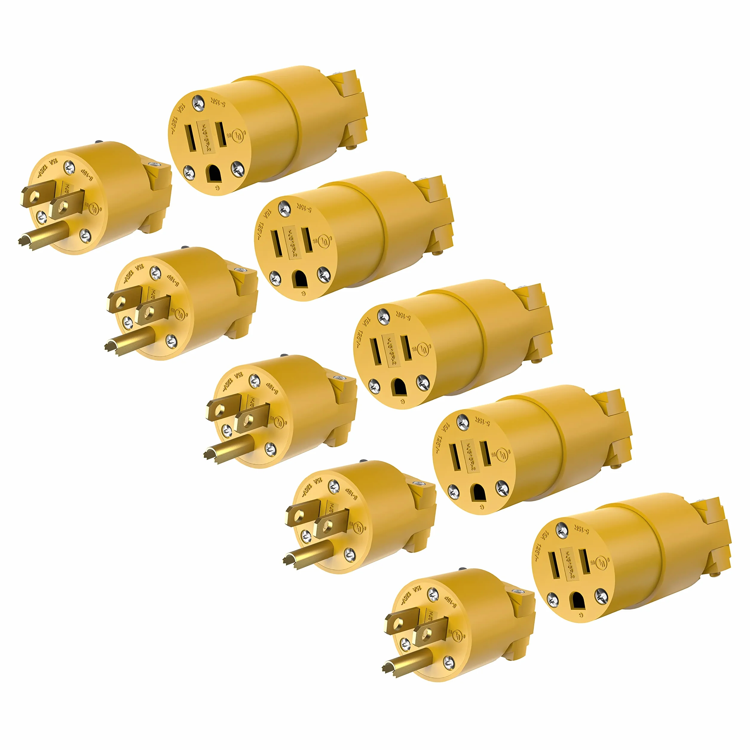 ENERLITES Zestaw elektrycznych wtyczek i złączy, końcówki przedłużacza męskie i żeńskie, 15 A 125 V, typ uziemienia z prostym ostrzem, NEMA 5-15P i 5-15R, z listą UL, 66202-Y, żółty, 5-pak
