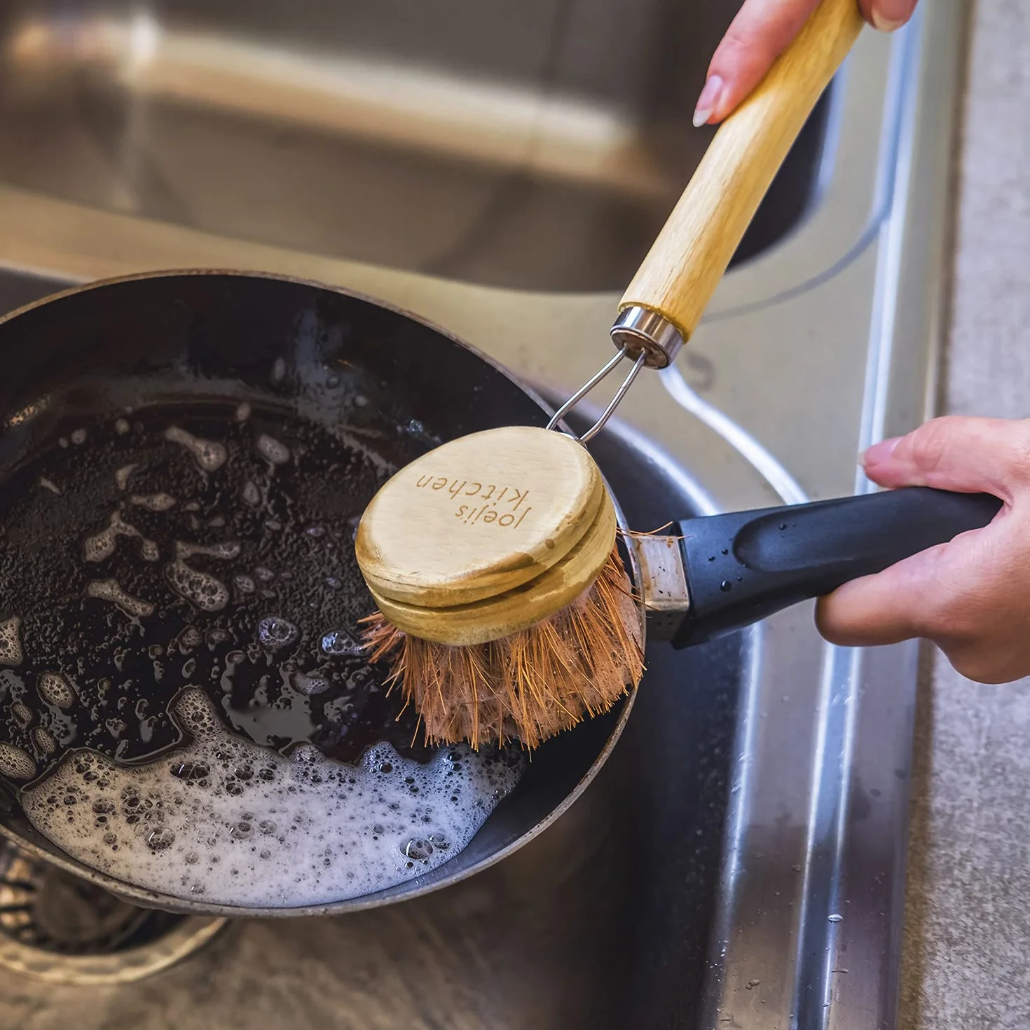 Joeji's Kitchen Ekologiczna szczotka do naczyń z drewna bambusowego - zestaw szczotek do czyszczenia z wymiennymi główkami - delikatne czyszczenie każdego rodzaju