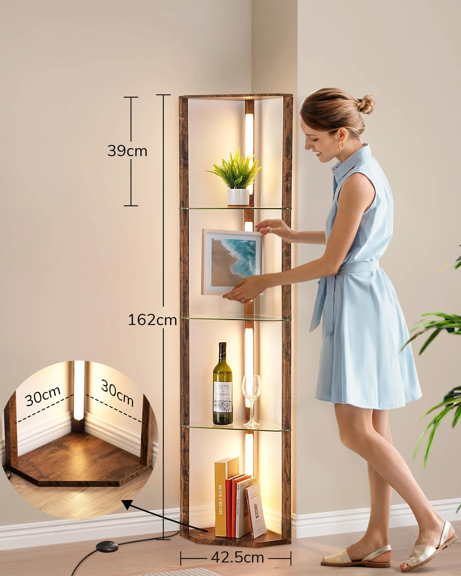 EDISHINE Lampa podłogowa do salonu ze szklanymi półkami, bezstopniowa ściemnianie, 3 temperatury barwowe, przełącznik nożny, drewniany regał narożny z oświetleniem LED, do salonu, sypialni, czarna