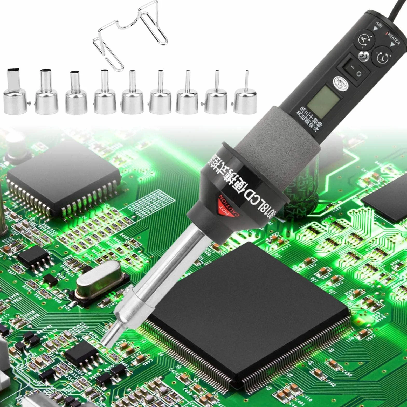 Opalarka Mini opalarka Termostat 9 Wyświetlacz cyfrowy Tuyere Elektronarzędzia przemysłowe, do wylutowywania różnych pudełek ekranujących i pokryw na płytkach drukowanych, wtyczka EU AC 220V