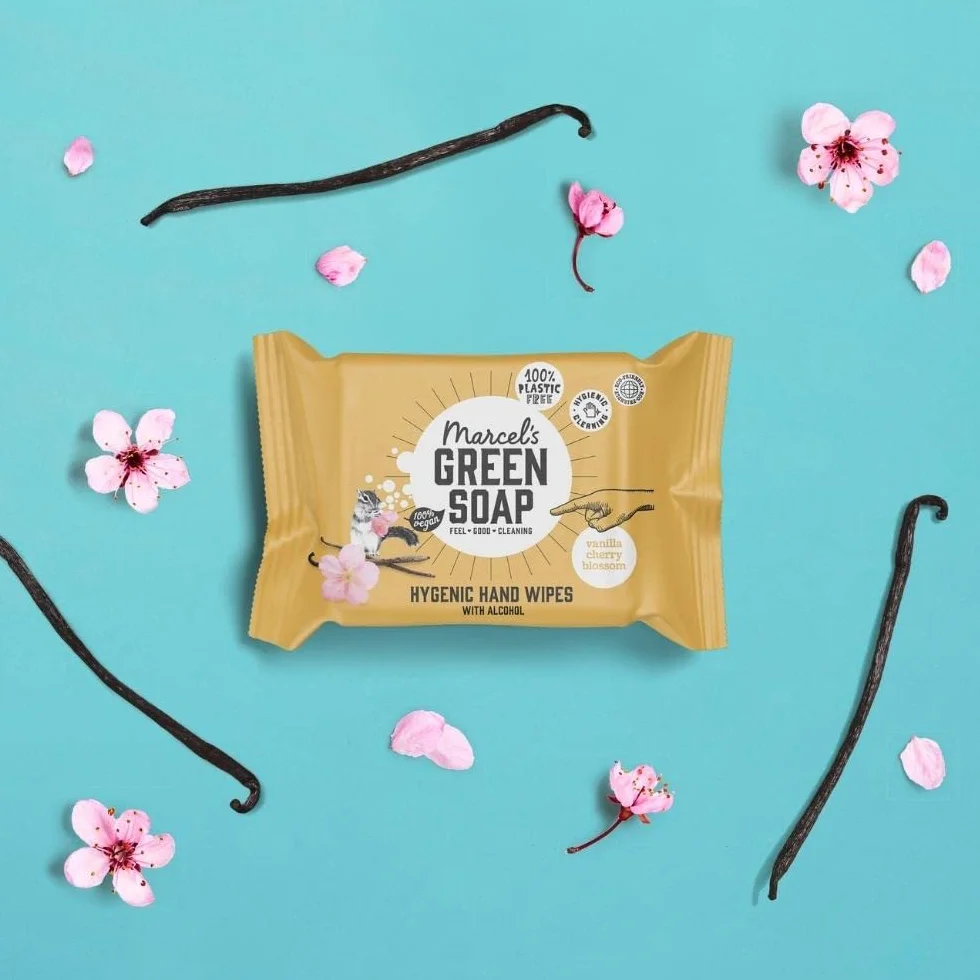 Marcel's Green Soap Higieniczne chusteczki nawilżane do rąk, opakowanie 15 sztuk, wanilia i kwiat wiśni, na bazie roślin, przyjazne dla środowiska