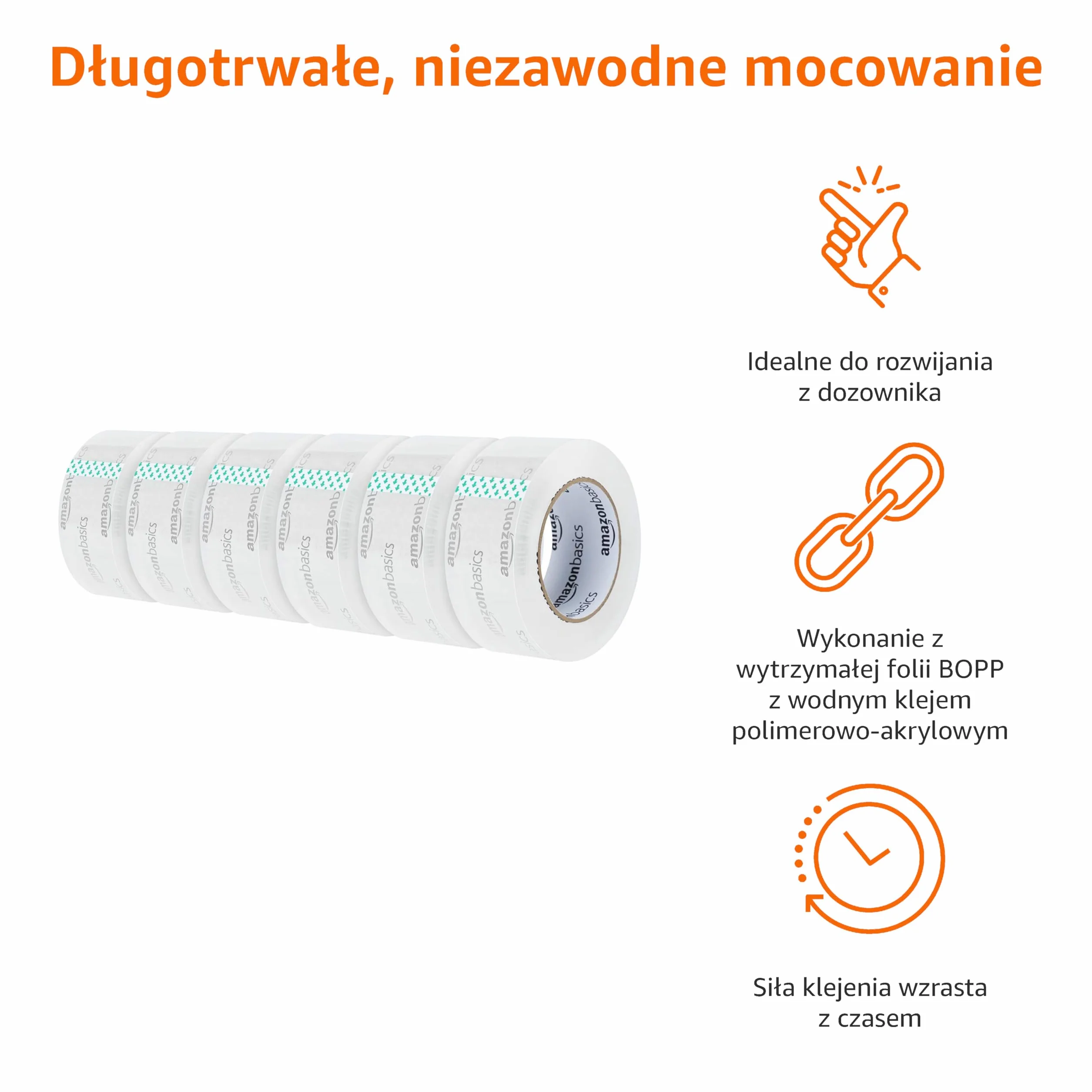 Amazon Basics Taśma pakowa do przeprowadzek i magazynowania, 4,7 cm x 99,6 m (szer. x dł.), krystalicznie przezroczysta, opakowanie 6 sztuk