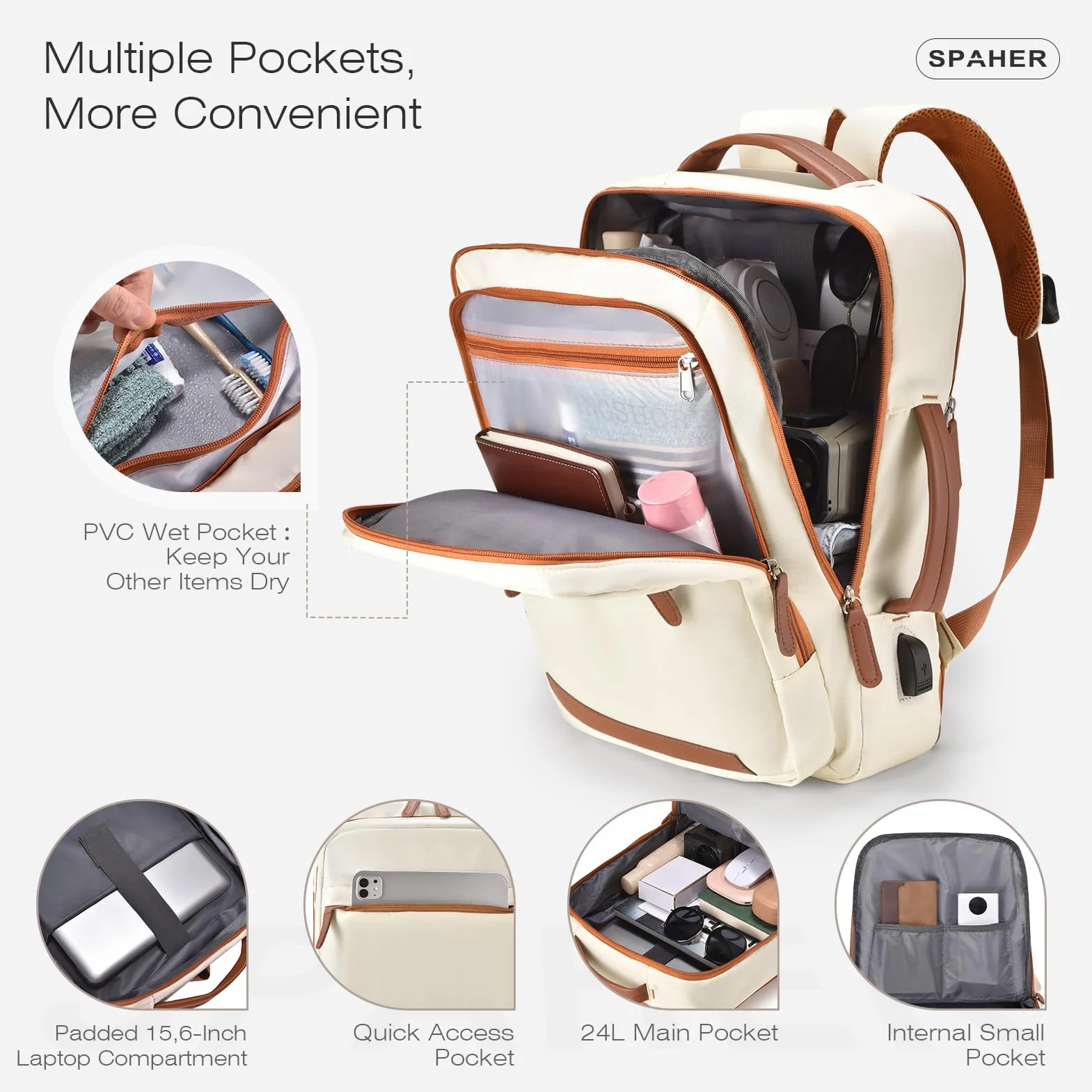 SPAHER Rozszerzalny Plecak Podróżny 40x30x15 British Airways 40x30x20 Wizzair Plecak na Laptopa 15,6 Calowy z Portem Łdowania i Mokrą Kieszenią USB Plecak do Samolotu Pracy dla Kobiet i Mężczyzn