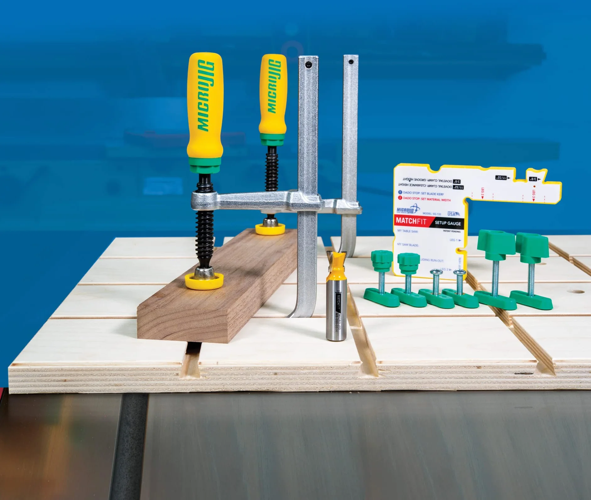 MICROJIG Matchfit DVC-1177K2 zacisk na jaskółczy ogon Pro, zielony/żółty/srebrny