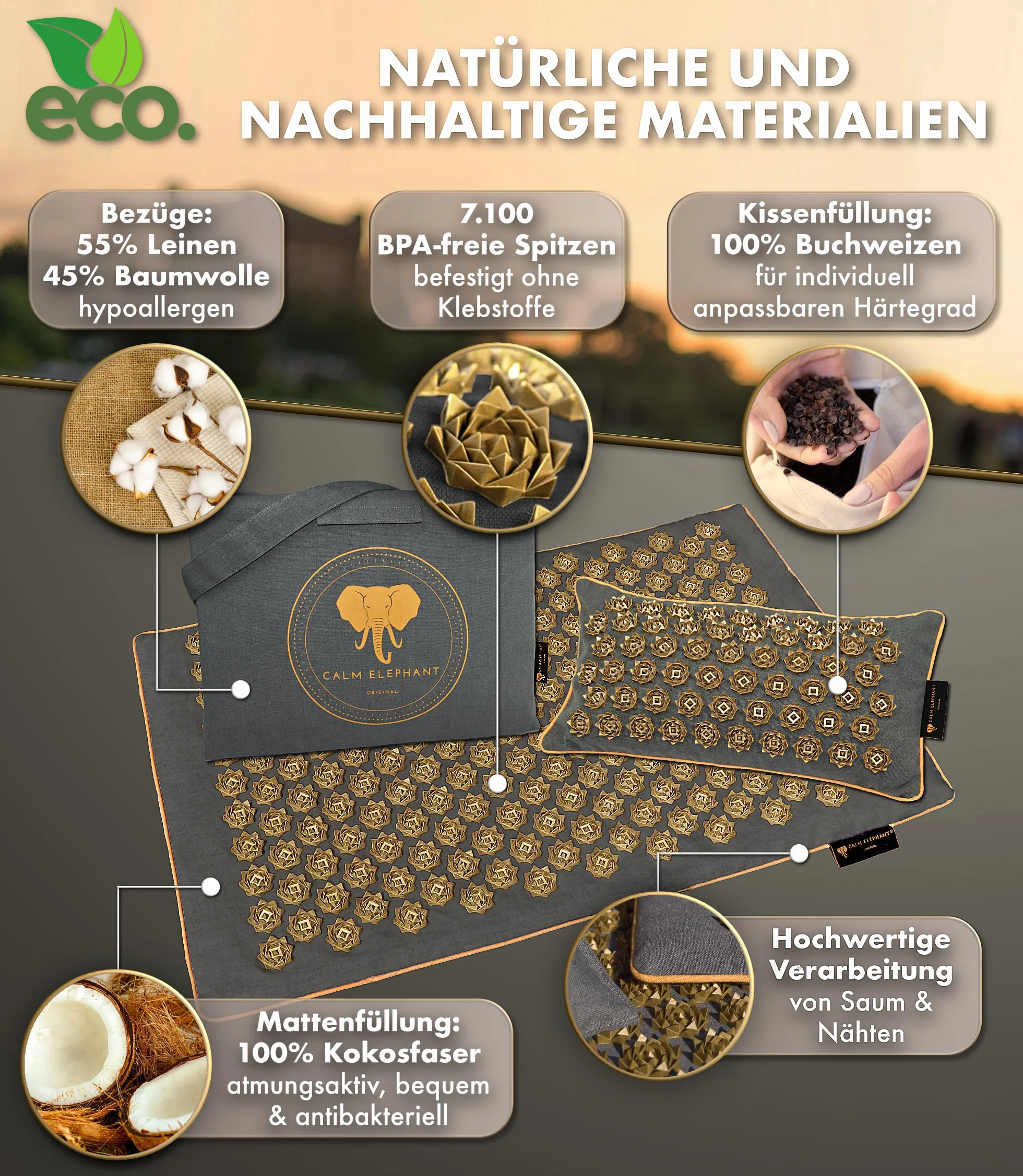 CALM ELEPHANT ORIGINAL® Luksusowa Mata Do Akupresury Z Poduszką XL PURE ECO, Mata Kolcowa Na Plecy, Poduszka Z Funkcją Ciepła I Torba, Naturalna I Trwała – Szara