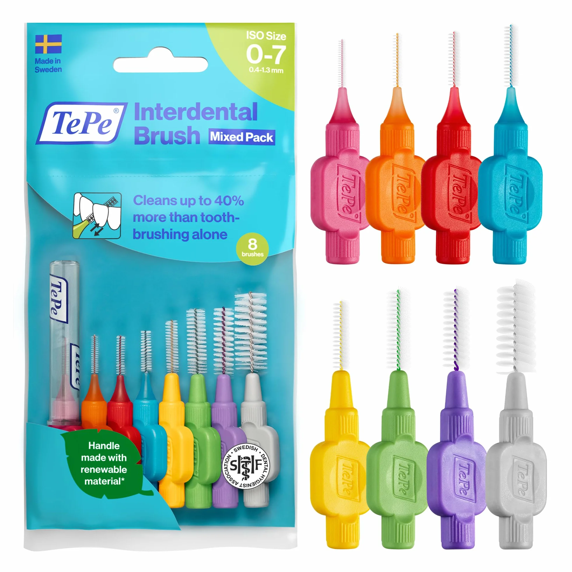 TePe Original szczoteczka międzyzębowa, zestaw mieszany, różne kolory, 0,4–1,3 mm/ISO 0-7, 8 sztuk, usuwanie płytki nazębnej, nici dentystyczne