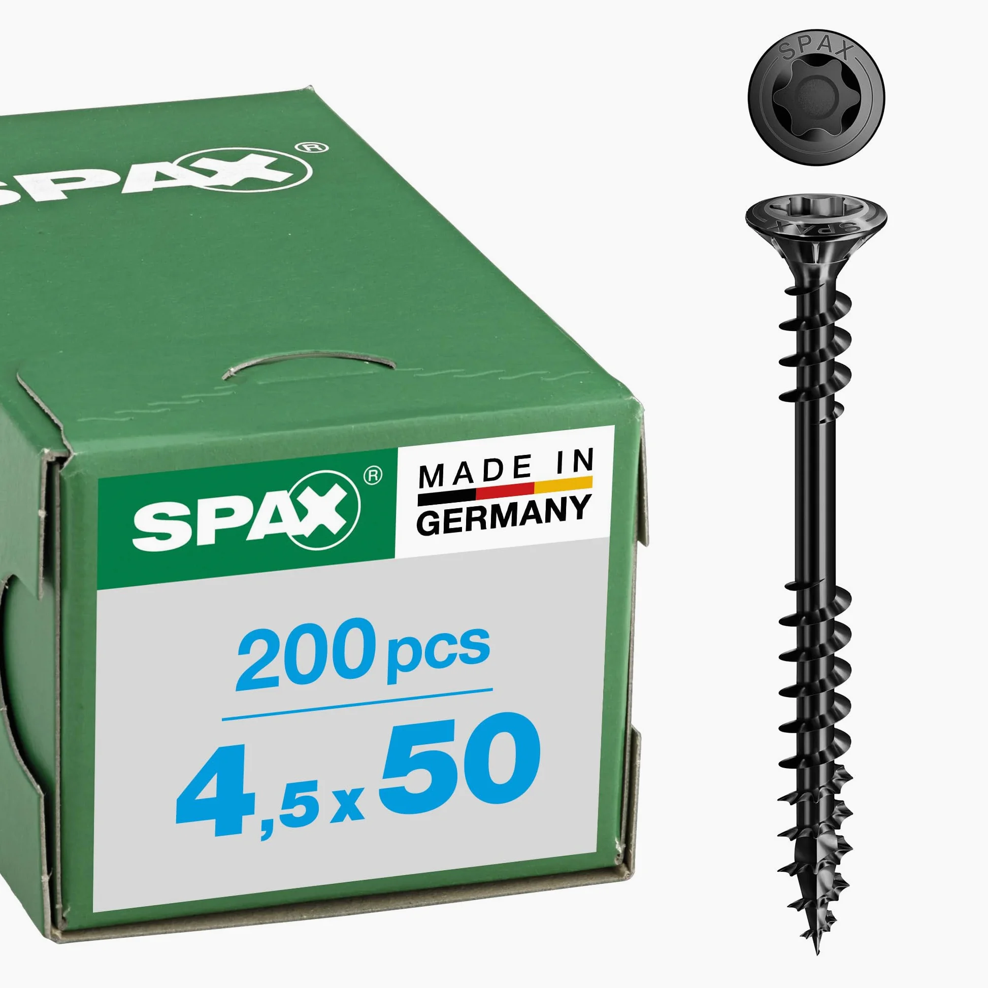 SPAX Śruba fasadowa 4,5 x 50 mm, 100 sztuk, stal nierdzewna A2 BLAX, gwint mocujący, T-STAR plus T20, łeb wpuszczany soczewki, 4CUT – 25470404505022