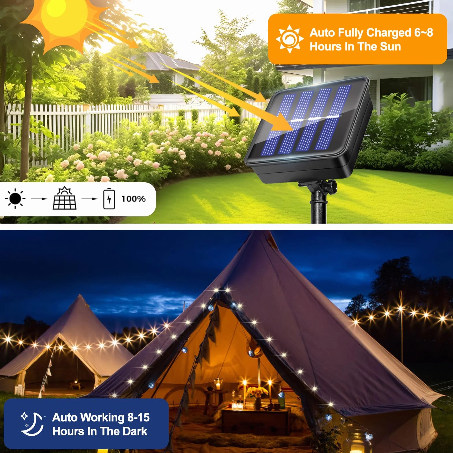 2 sztuki zewnętrznych świateł słonecznych, 12 m + 2 m 120 diod LED, zewnętrzny solarny łańcuch świetlny, 8 trybów, wodoodporny drut miedziany IP65, dekoracja do ogrodu, podwórka, patio, drzewa, Bożego