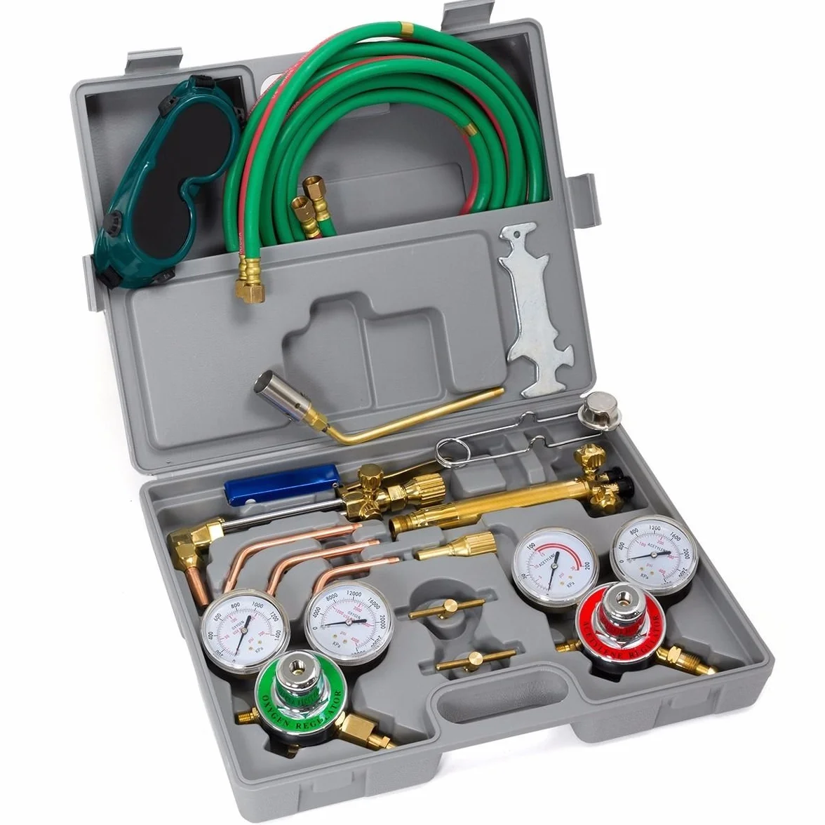 XtremepowerUS Zestaw palnika do cięcia lutowania tlenowego i acetylenowego, gazowy z 3 dyszami, zestaw regulatora węża o długości 11,5 stóp CGA 540, etui do przenoszenia gogli