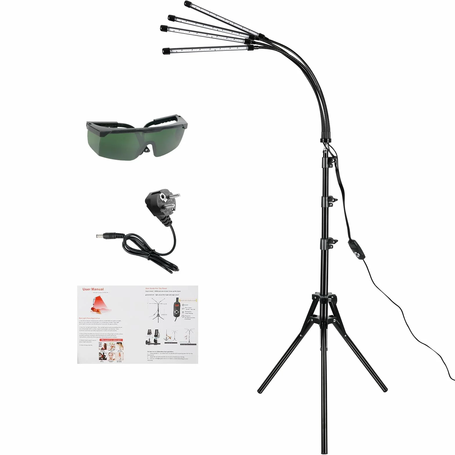 Lampa z czerwonym światłem ze stojakiem, 660 nm i 850 nm, lampa na podczerwień, lampa grzewcza, 4 głowice, terapia światłem na podczerwień, do łagodzenia bólu
