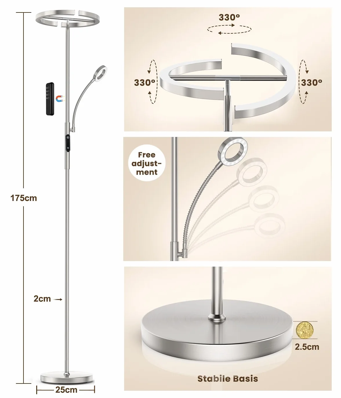 Lampa podłogowa LED z regulacją jasności, 20W. W zestawie elastyczna lampa do czytania 7W. Pilot zdalnego sterowania, 4 temperatury barwowe. Idealna do salonu, sypialni, biura i hotelu