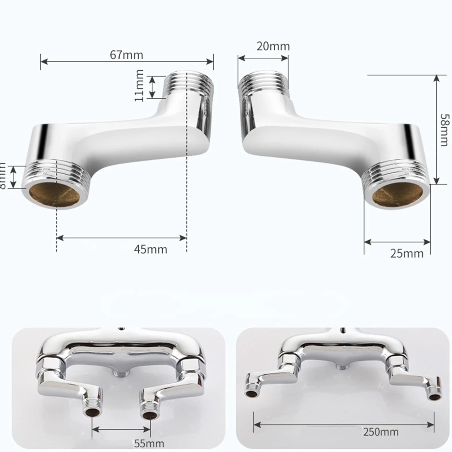 QHQQXN Adapter do kranu wannowego Chrome G1/2, złącze mimośrodowe do baterii prysznicowej, wąż do ciepłej i zimnej wody, mosiężne akcesoria prysznicowe do montażu na ścianie