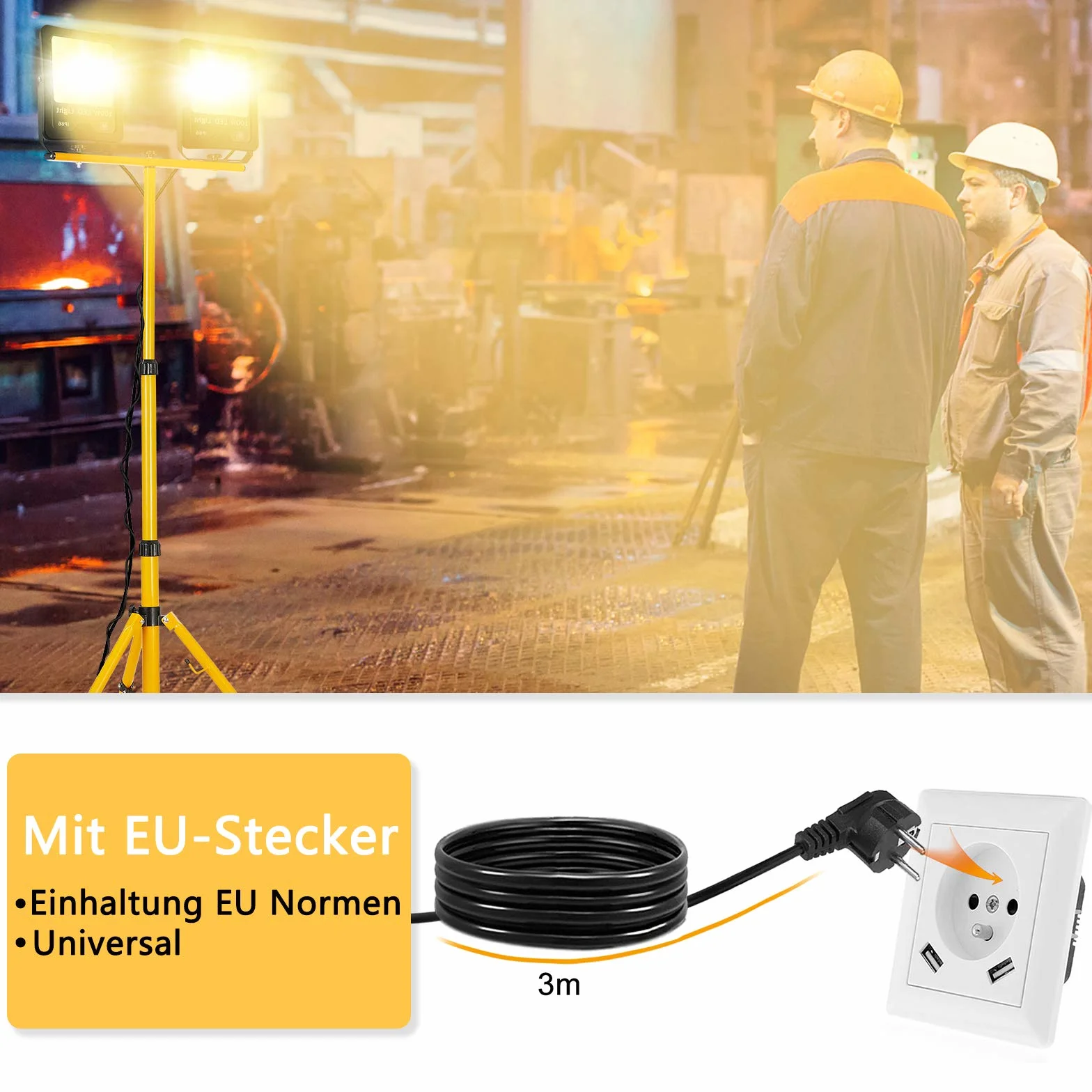 UISEBRT Reflektor LED 2 x 100 W, ciepła biel ze statywem, wodoodporna lampa robocza LED, IP66, do użytku wewnątrz i na zewnątrz, do garażu, ogrodu, na budowę (2 x 100 W zimna biel + statyw)