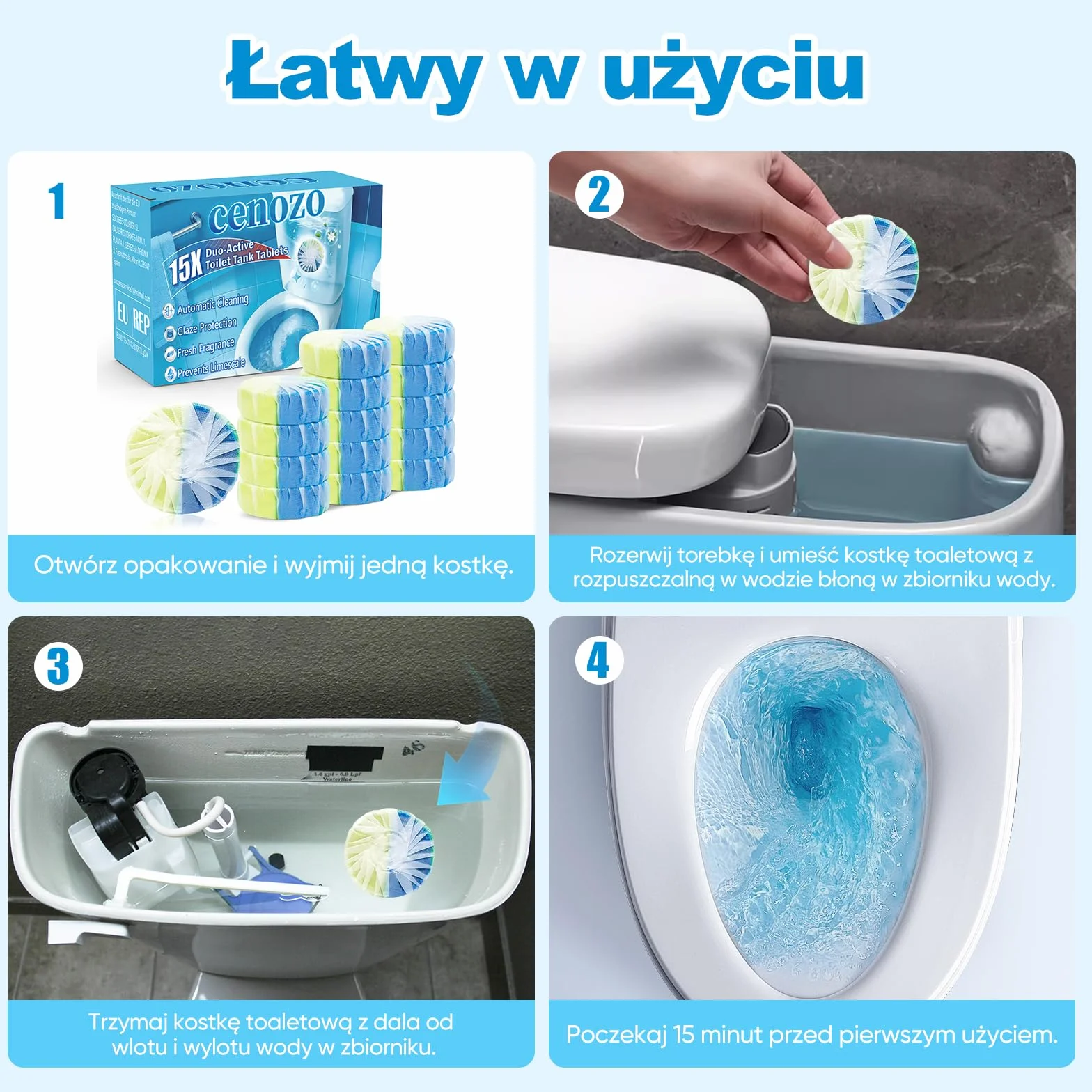 15 szt. WC odświeżacza, Duo-Aktywny czyścik do spłuczki (50 g/tabletka), Zapobiega kamieniu i brudowi, Chroni glazurę, Orzeźwiający zapach