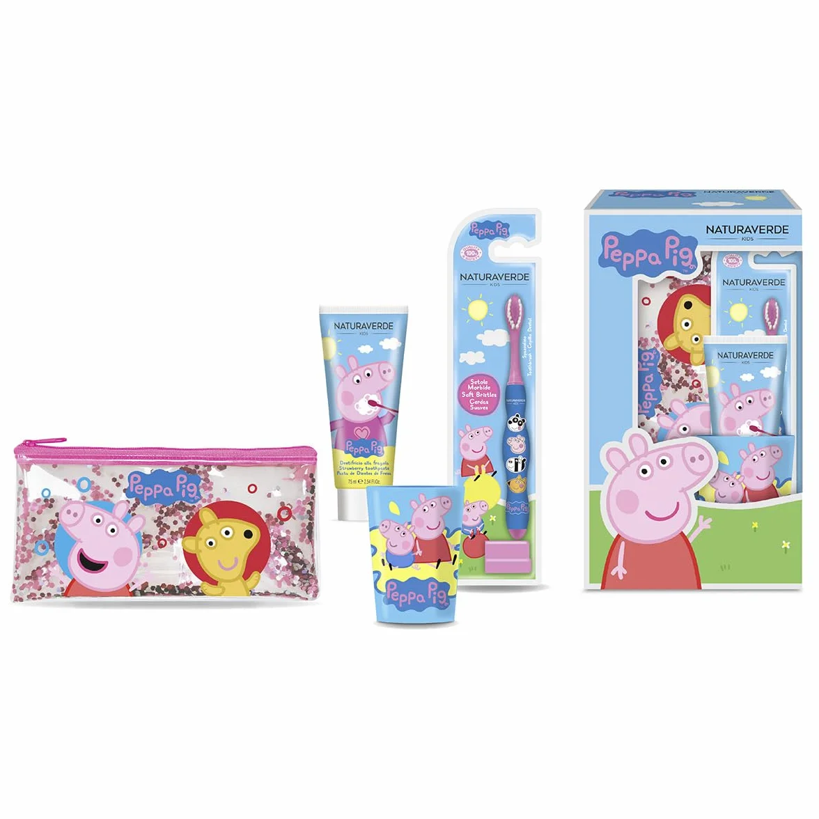 Naturaverde | Peppa Pig Gift Set Oral Care, ręczna szczoteczka do zębów, pasta do zębów dla dzieci smak truskawki 75ml, szklanka i kopertówka brokatowa