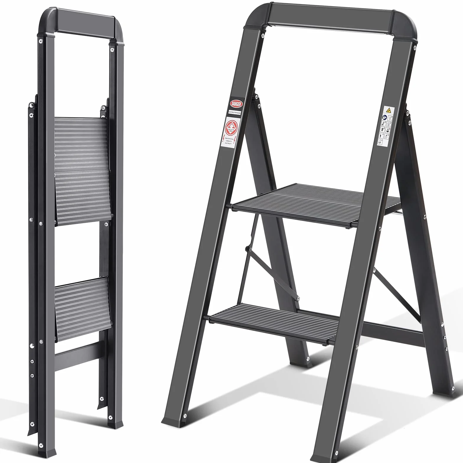 KINGRACK Drabina schodkowa, 2 stopnie, składana drabina z poręczą, antypoślizgowa drabina domowa z zabezpieczeniem przed składaniem, aluminiowy podnóżek, obciążenie do 150 kg, czarna