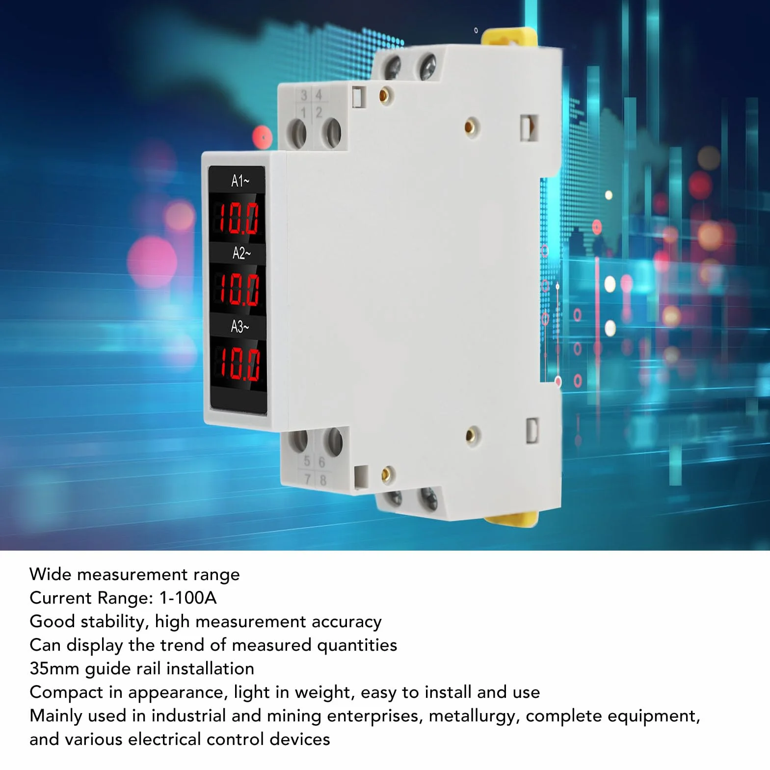 3-fazowy Woltomierz na szynę DIN Amperomierz, AC 80–500 V 1–100 A Cyfrowy Licznik Energii z 3 Czujnikami, Napięciowo-prądowy Miernik Mocy Tester Energii Elektrycznej Multimetr