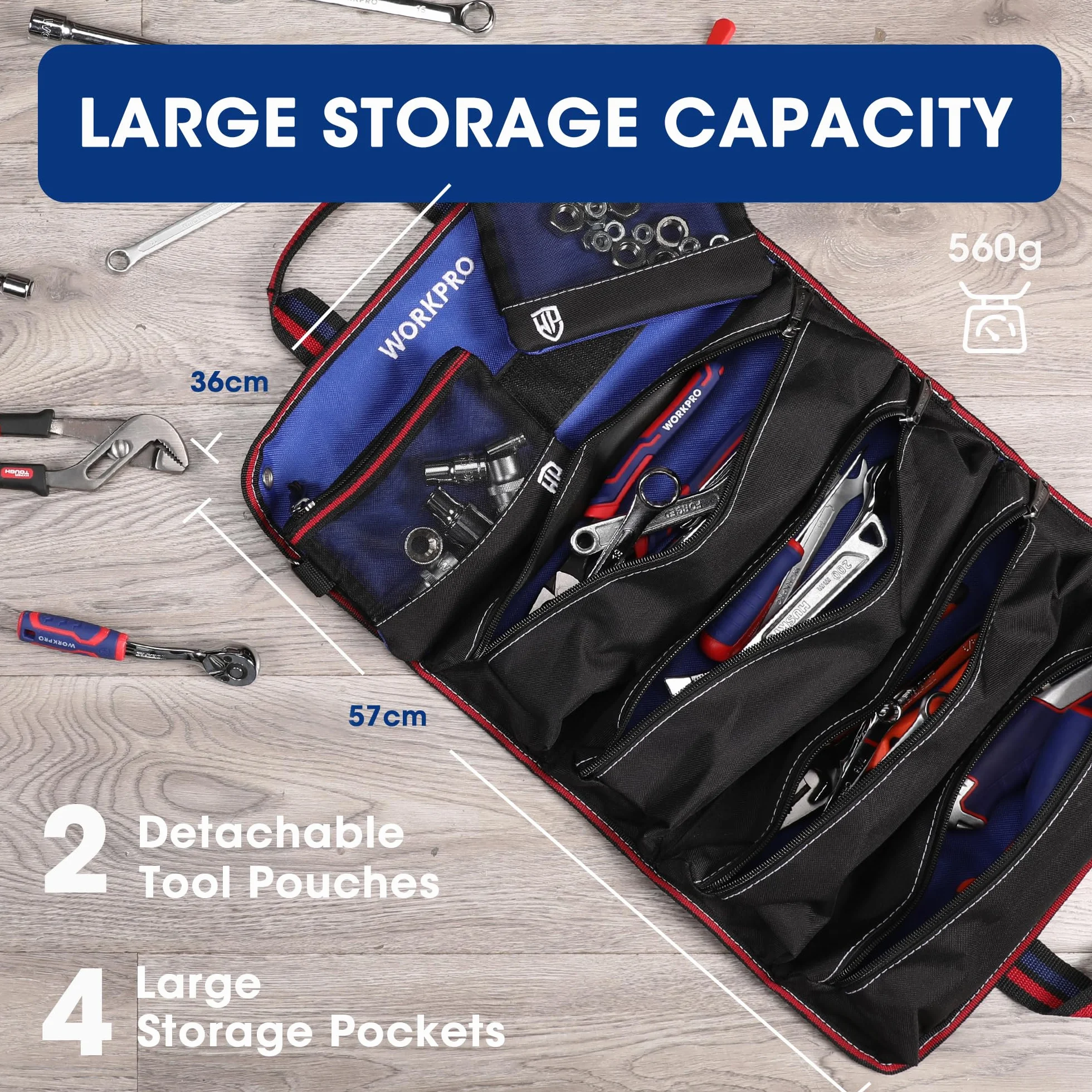WORKPRO Torba na narzędzia, zwijana torba uniwersalna, 57 x 36 cm organizer do rolek narzędzi, 6 kieszeni, tkanina Oxford 720D, dla elektryków/stolarzy/hydraulików