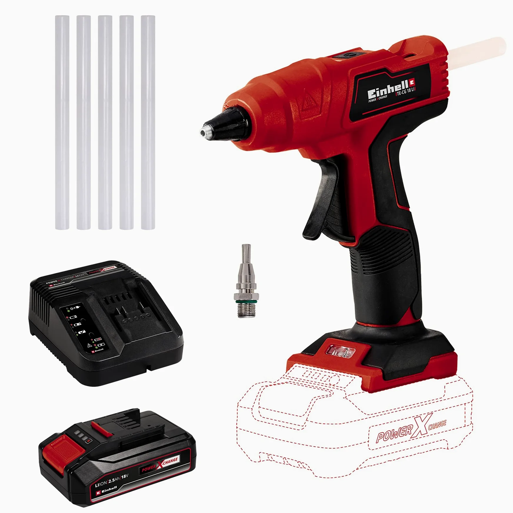 Einhell Te-Cg 18 Li - Solo Pistolet do Klejenia na Gorąco, Czerwony/Czarny, 18.2 x 6 x 18.6 cm & Einhell Pxc Starter Kit Akumulator, Czarny, ‎10 x 15 x 11,3 cm; 820 g