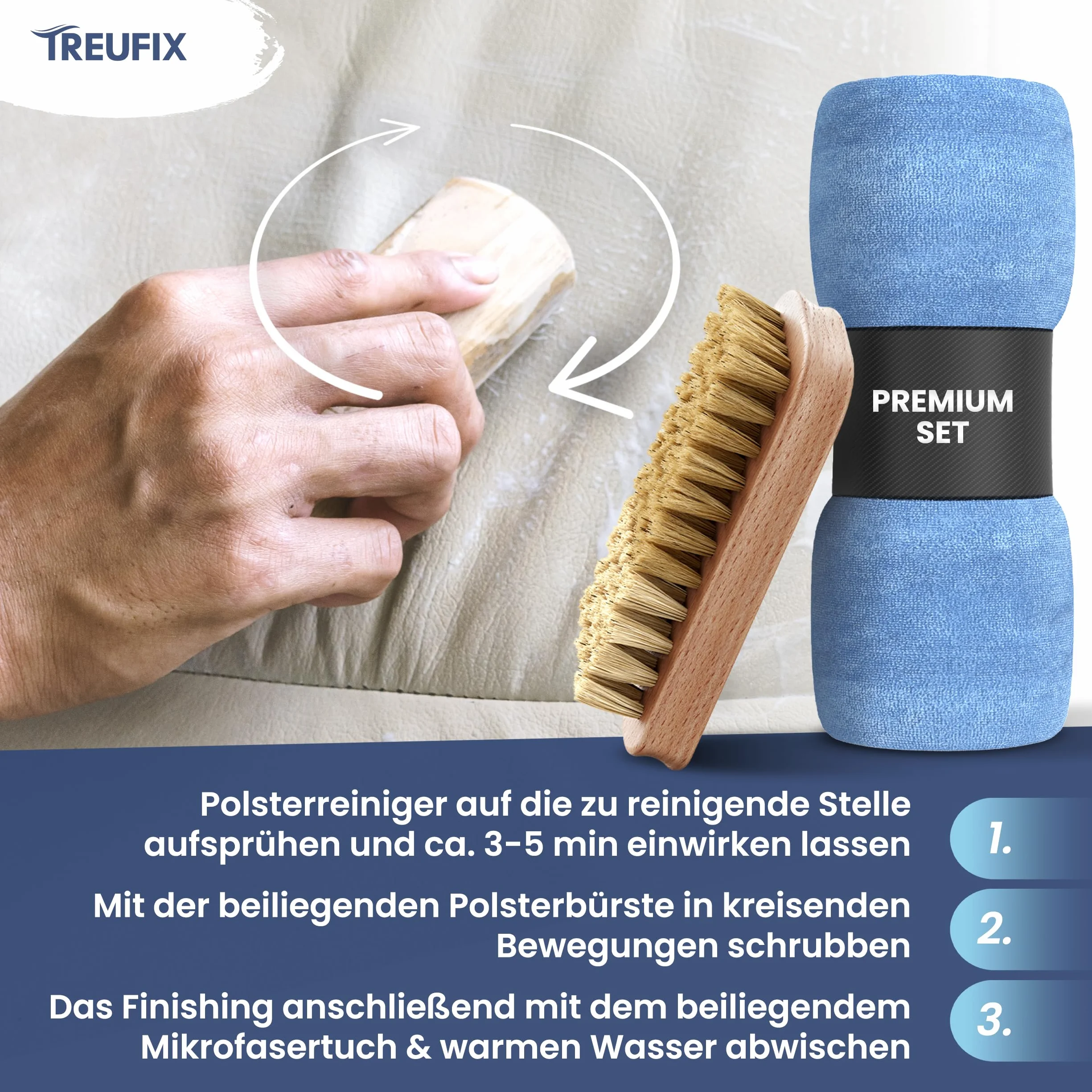 Treufix - Środek do czyszczenia tapicerki i dywanów do foteli samochodowych, sofy i kanapy [profesjonalny zestaw ze szczotką do tapicerki i ściereczką z mikrofibry] Skuteczny środek do czyszczenia