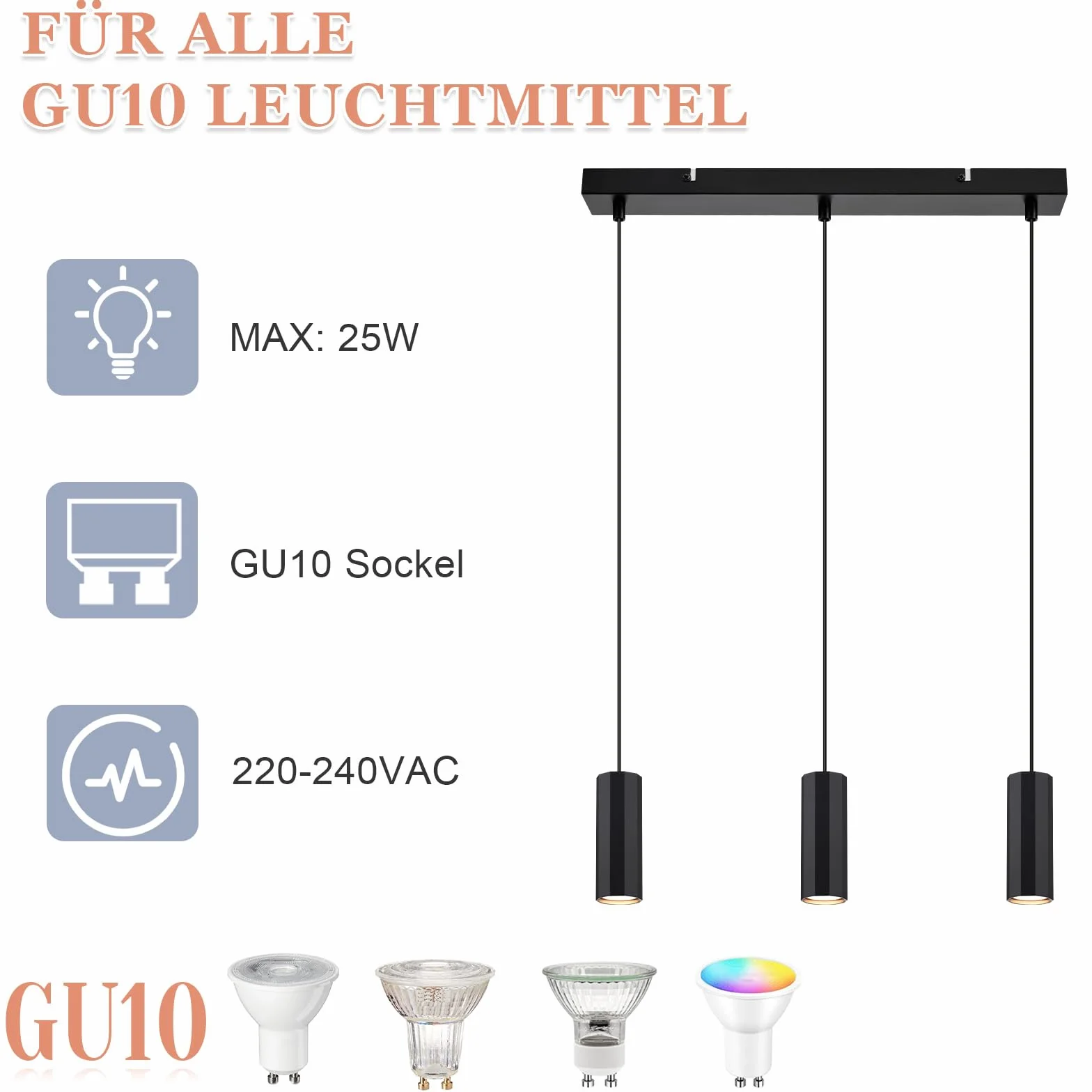 Glitzerlife Lampa wisząca 3-płomienna Stół jadalny Czarny - Lampa wisząca GU10 Salon Nowoczesna lampa industrialna do jadalni Wisząca metalowa lampa wisząca do kuchni Sypialni Jadalni