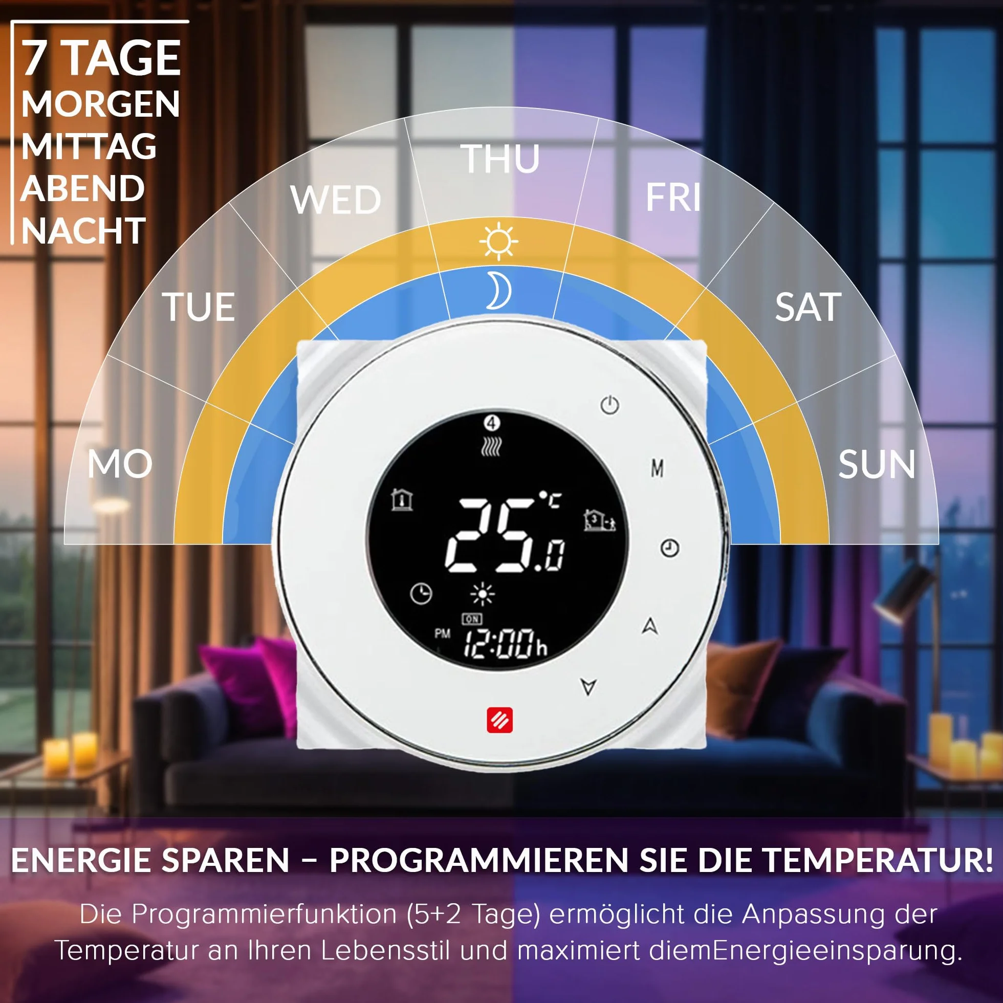 DREAM HEAT Inteligentny termostat, okrągły wyświetlacz dotykowy, sterowanie Wi-Fi, programowalne tryby, kompatybilny z Amazon Echo, Google Home
