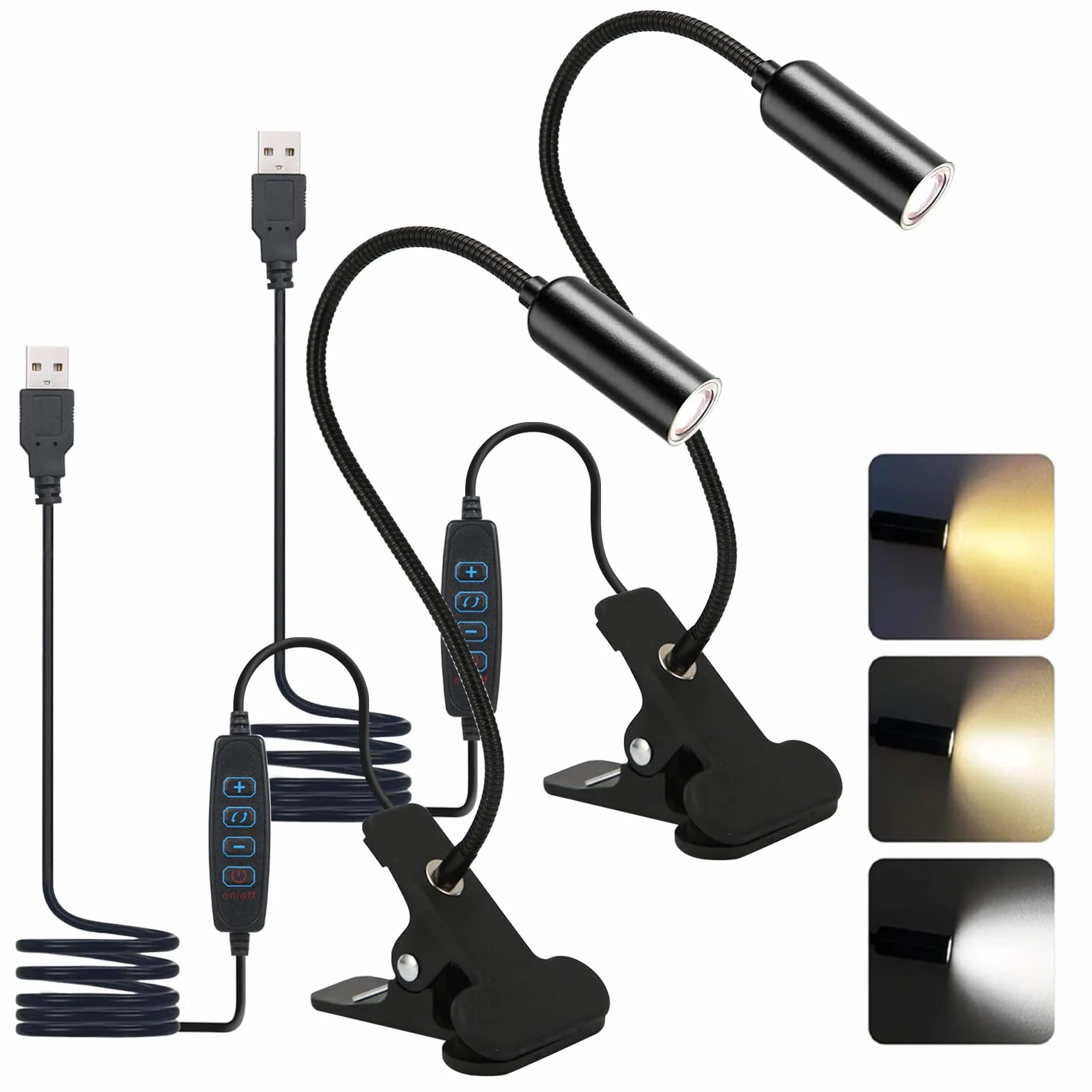 2 sztuki lamp zaciskowych LED z wtyczką, lampa biurkowa LED, zaciskowa, lampka do czytania książek, zacisk kablowy, lampka do czytania, zacisk do łóżka, elastyczna łabędzia szyja 360°, na biurko