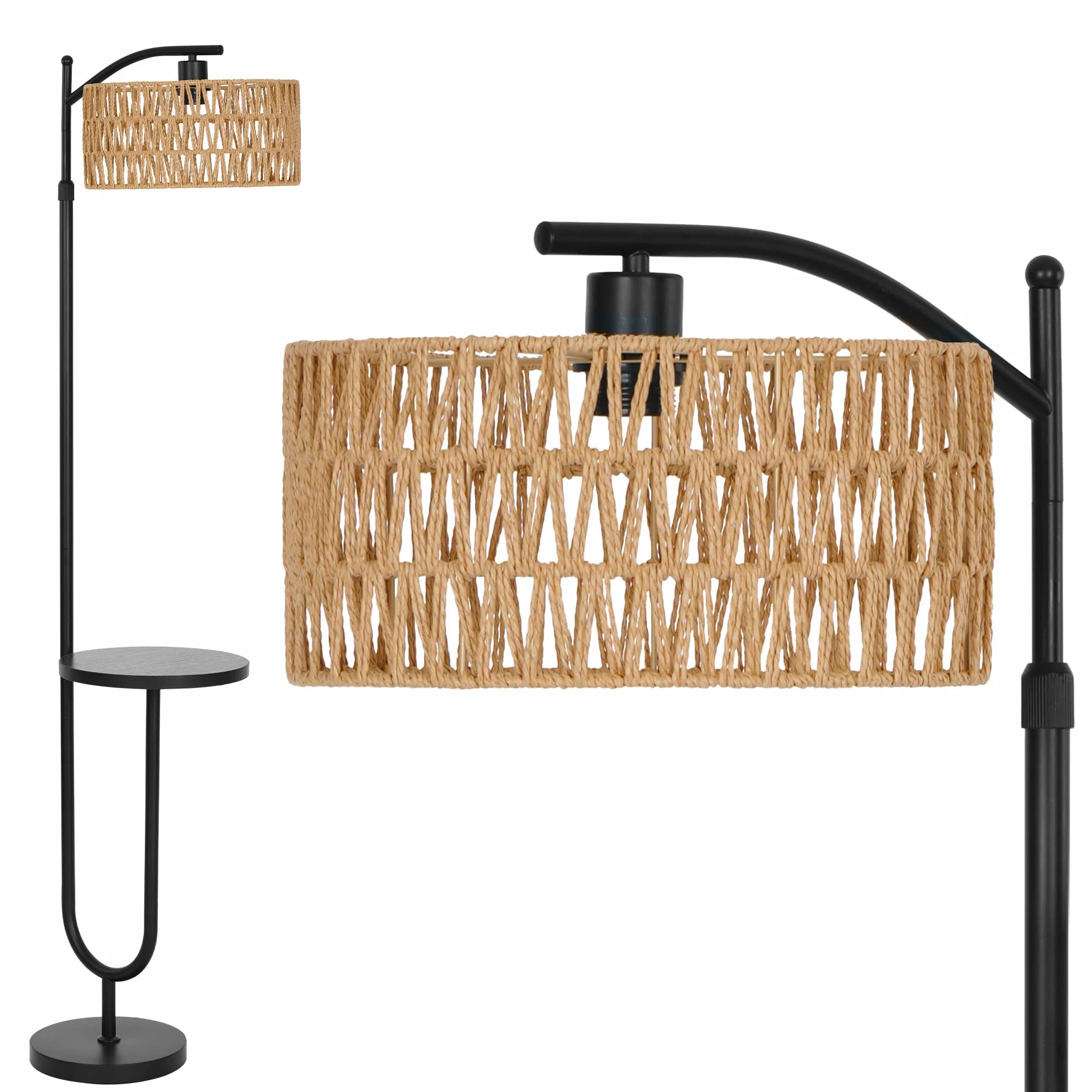 Vintage rattanowa lampa podłogowa czarna E27 regulowana wysokość 176 cm Boho