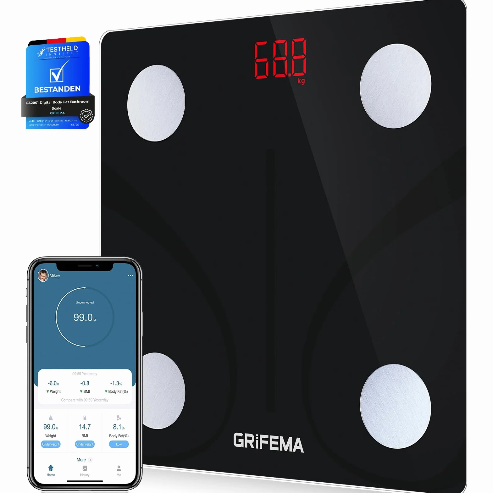 GRIFEMA GA2001 Cyfrowa Waga Łazienkowa z Pomiarem Tkanki Tłuszczowej, Bluetooth Inteligentna z Aplikacją MovingLife, 13 Funkcji Monitorowania Ciała, Maks. 150 kg, Czarna