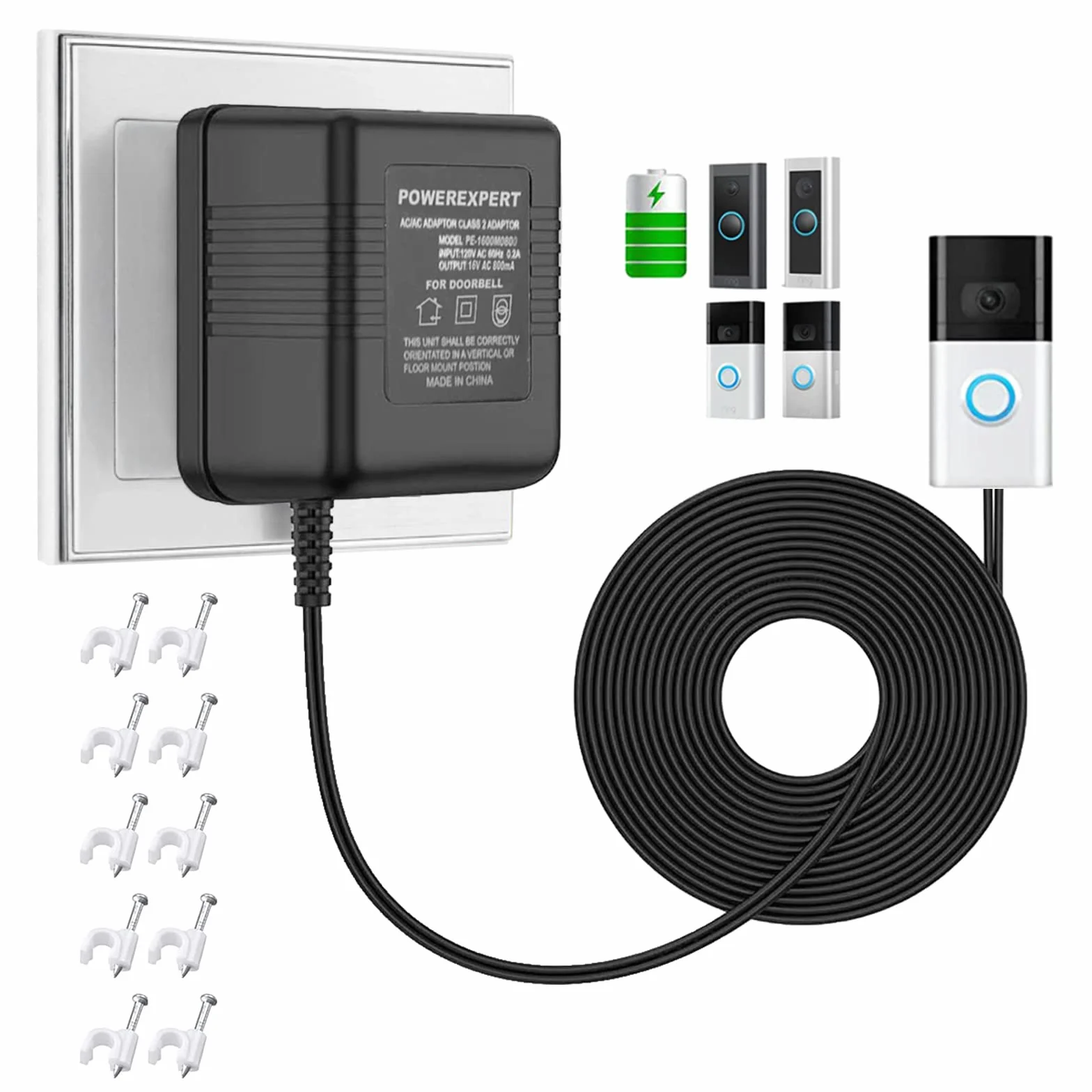 Transformator dzwonka 24 V/500 mA Zasilacz zasilacza, kabel transformatora, Zasilacz pasuje do dzwonka do drzwi wideo, Ring Video Doorbell 2 (5M)