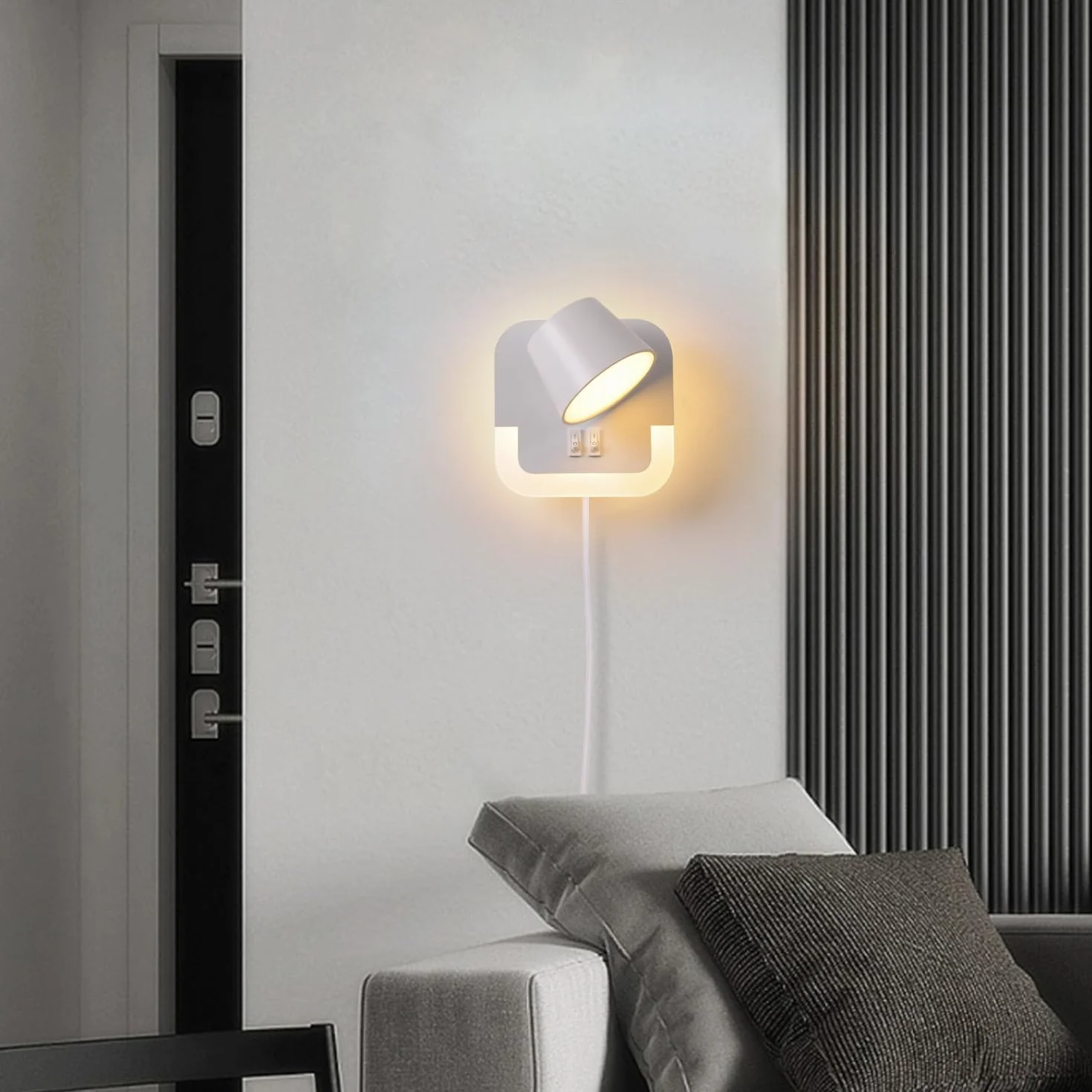 Lampa kinkiet LED, lampka nocna do czytania ściany Z kablem i wtyczką, 4W+8W lampka do czytania książki nocnej, lampka nocna sypialni kinkiet Z wyłącznikiem, Obrotowa głowica lampy, Biały