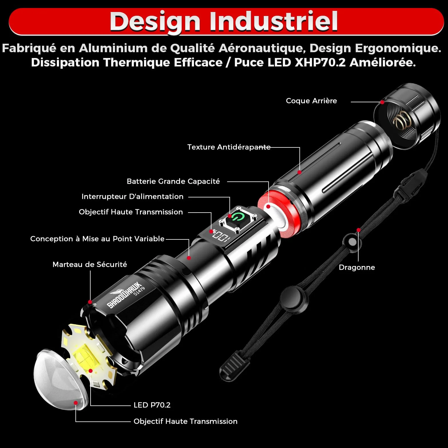 Shadowhawk Latarka Led o dużej mocy 24 godziny, wojskowa latarka ładowalna 1000000 lumenów (bateria 2 x 5000 mAh), dalekiego zasięgu do biwakowania/wędrówek, z wyświetlaczem LCD