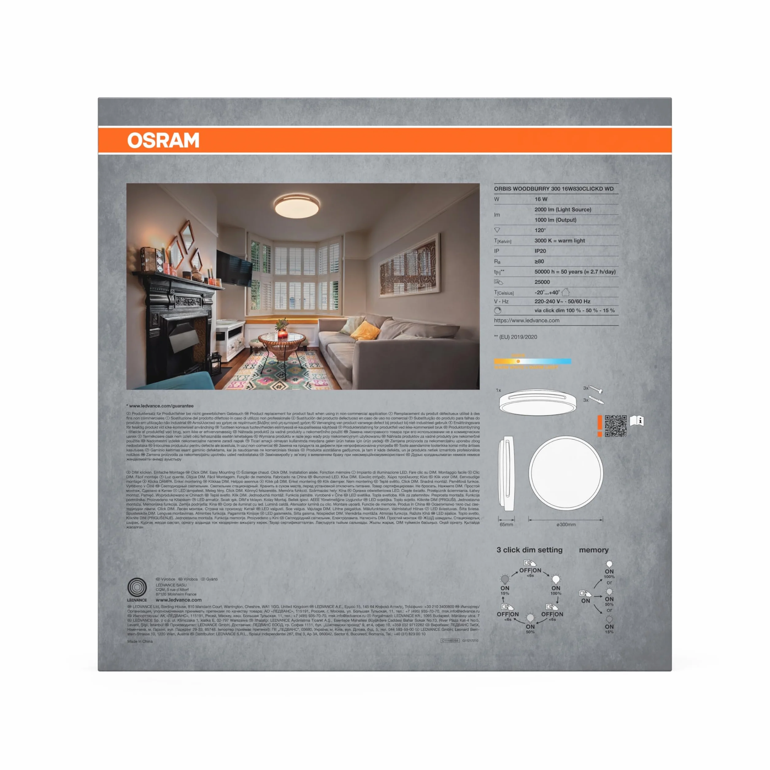 OSRAM ORBIS Woodburry lampa ścienna/sufitowa LED 16W 1000lm 3000K średnica 300mm IP20