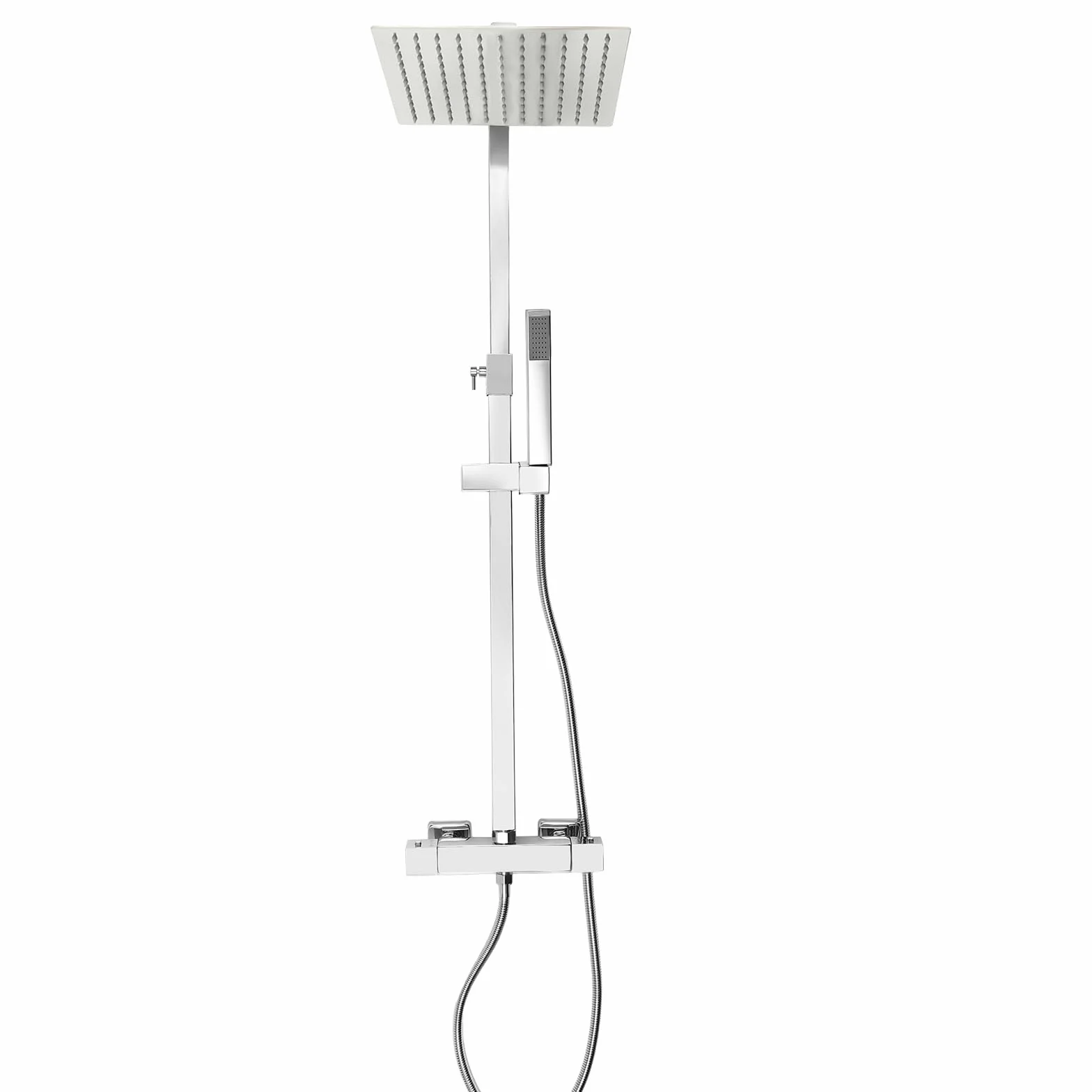 OUKANING Termostat zestaw prysznicowy z zaworem ceramicznym i 2 trybami, 38°C, ochrona przed spalaniem, mosiądz, nierdzewny, deszczownica z termostatem (srebrny)