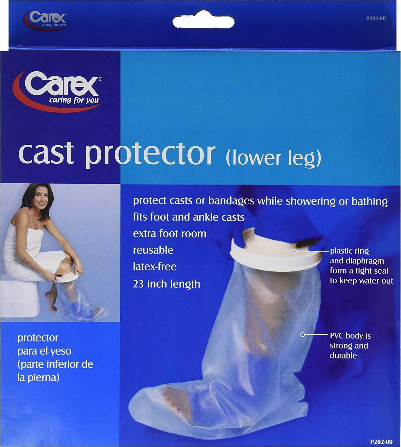 Carex odlew ochraniacz na dolną nogę, chroni dolne nogi i bandaże podczas kąpieli, bez lateksu plastik z szczelnym pierścieniem z tworzywa sztucznego i membraną