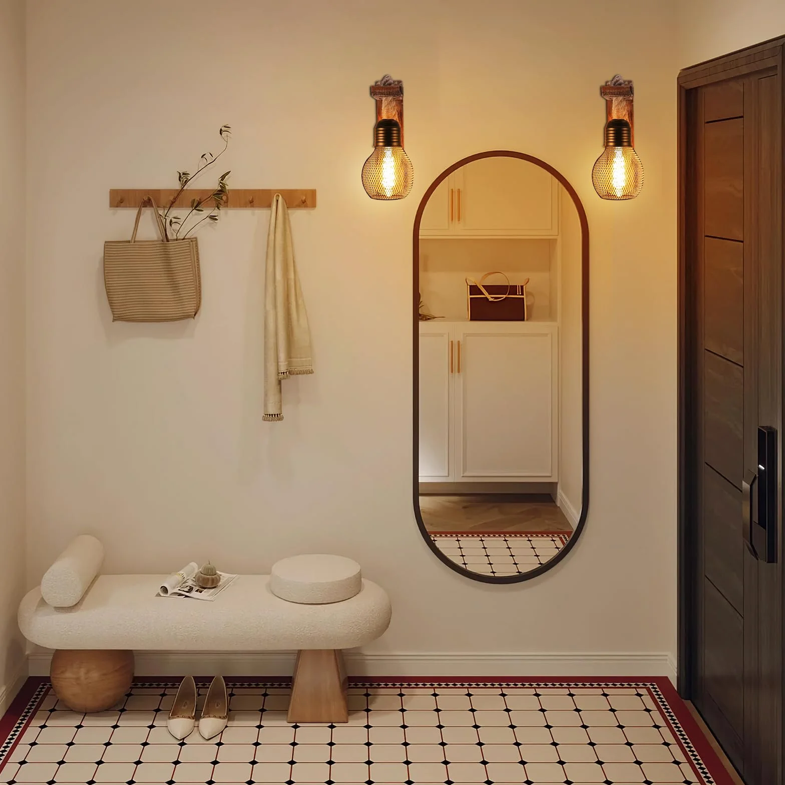 Drewniana lampa ścienna do wnętrz, E27 LED lina konopna, lampa ścienna z kloszem, industrialna lampa ścienna w stylu vintage, lampa ścienna do wnętrz, w stylu retro, do korytarza, sypialni