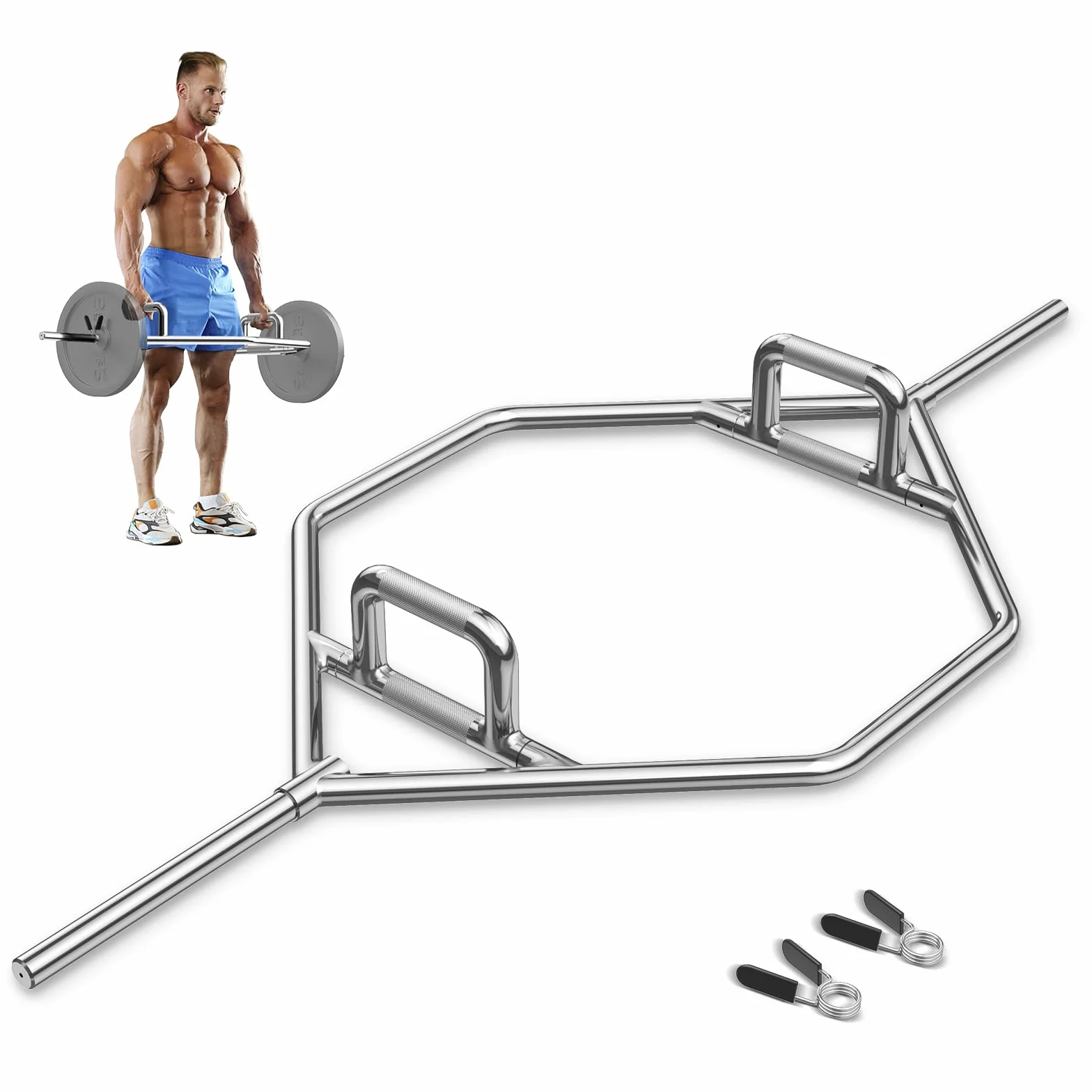 KOMFOTTEU Trap Bar, sztanga do hantli 142 cm ze składanym uchwytem, sześciokątny drążek ze stali z zamknięciem sprężynowym, drążek sześciokątny do 226 kg, do przysiadów, martwego ciągu (srebrny)