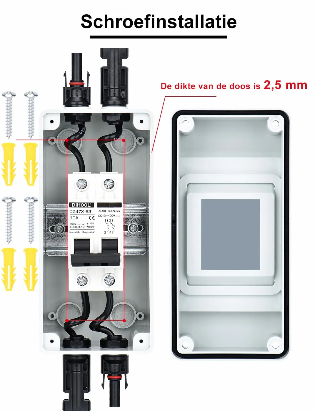 DIHOOL Odłącznik DC PV, wyłącznik nadmiarowy, automatyczny bezpiecznik, 2-biegunowy, 10A, 12V (12V-400V) z kablem, wtyczka solarna, IP65, wodoszczelna obudowa