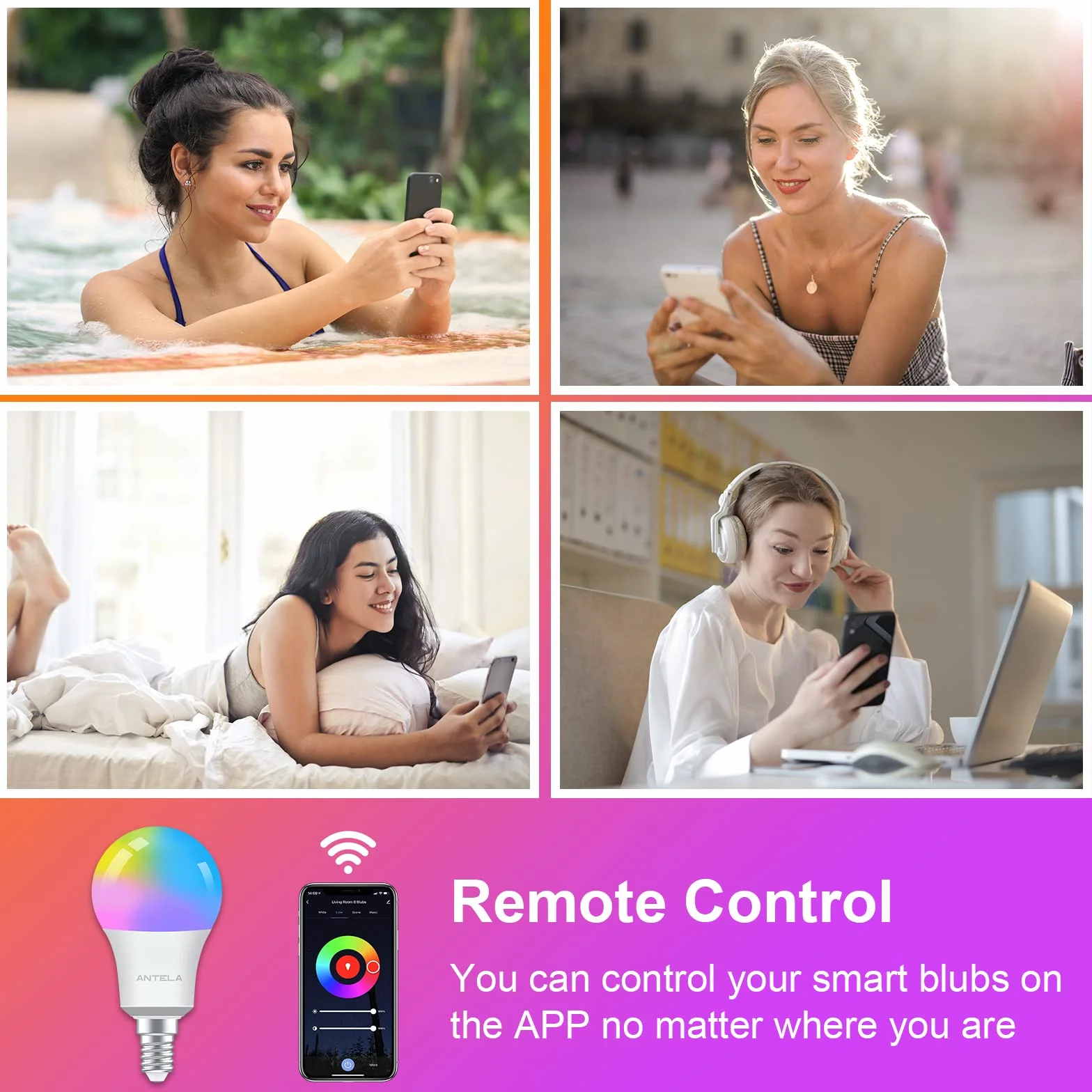 ANTELA E14 Inteligentna żarówka LED WiFi 806 lm, 16 milionów kolorów, ciepłe zimne światło 2700 do 6500 K, kompatybilna z Alexa i Google Home, żywotność 15000 godzin, 4 szt