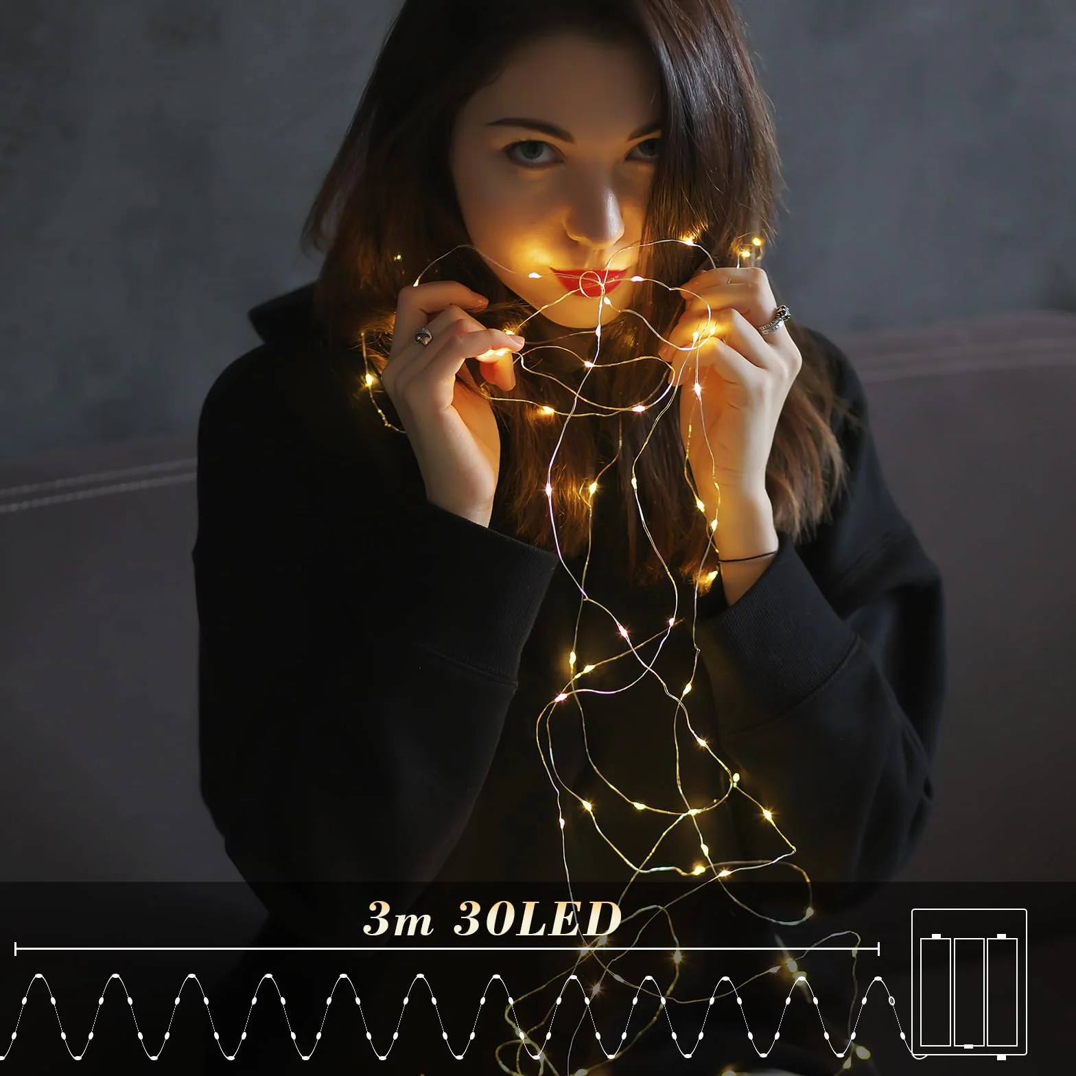 LQWELL Światła wróżek LED 3M 30LED, miniaturowa lampa z drutu miedzianego, zasilana bateriami, wodoodporna, ciepła biel, 2 tryby na Boże Narodzenie, wesele, festiwale, imprezy, dekoracje domowe