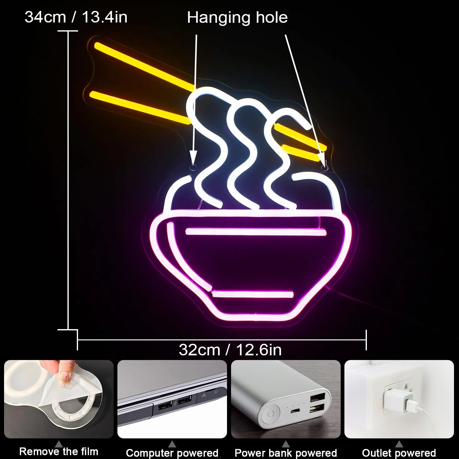 Horseneon Ramen neonowy szyld, różowy kreskówkowy makaron LED, neonowy szyld makaron świecący reklamowy na ścianę, kolorowe neonowe światło do makaronu, restauracji, pubu, domu, klubu, tabliczki