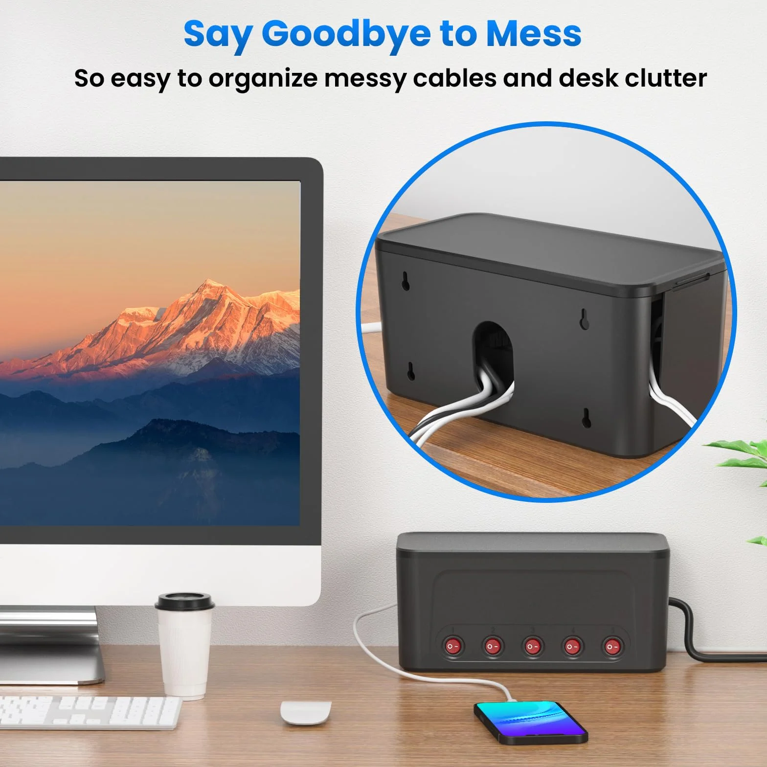 Skrzynka na Kable z Listwą Zasilającą USB C,Duża Skrzynka Kablowa Rozgałęziacz do Wielokrotne Gniazdka z przełącznikiem,Zarządzanie Kablami na Biurku,Porządkowanie Kabli,Przedłużacz 1,5 m,Czarna