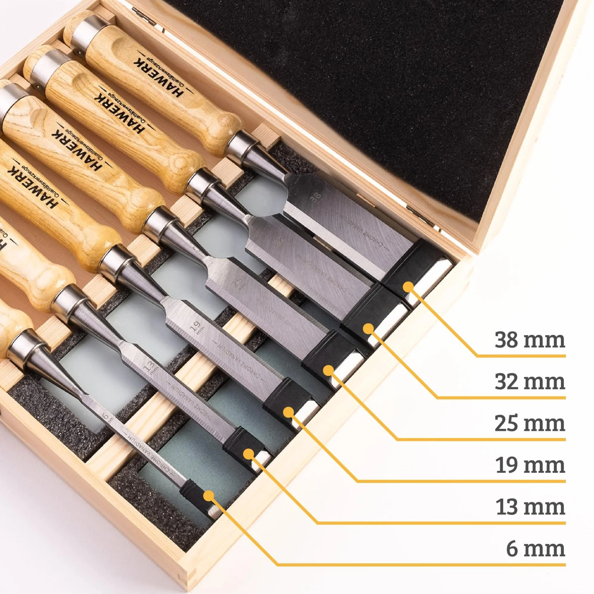 Zestaw dłut HAWERK do drewna | dłuto do obróbki drewna, 6 dłut + 2 osełki + etui od Hawerk - zestaw dłut do obróbki drewna