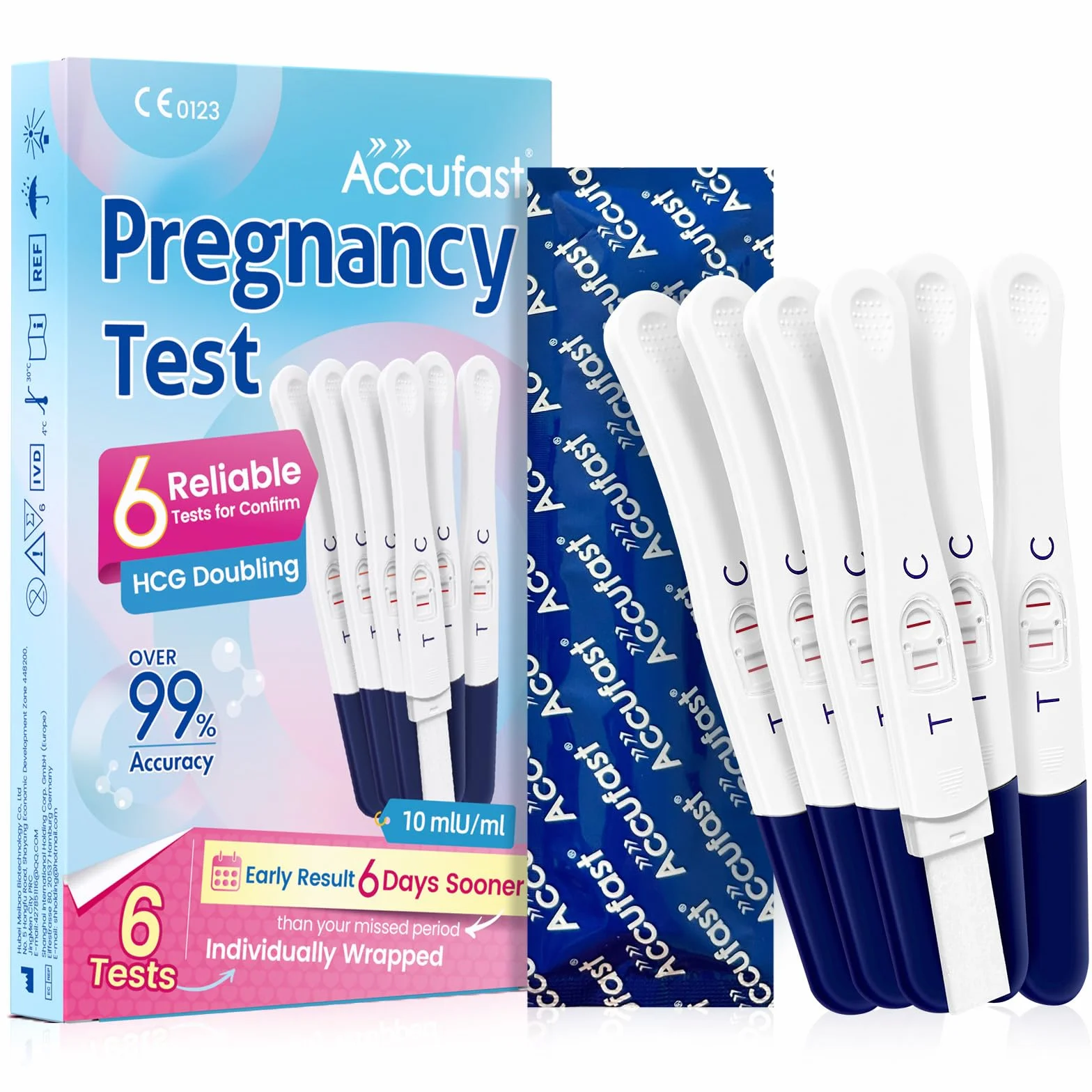 6 x test ciążowy, test ciążowy, test wczesnej ciąży, szybki test ciążowy, test HCG, czułość 10 mIU, wynik w ciągu 40 sekund, 6 sztuk
