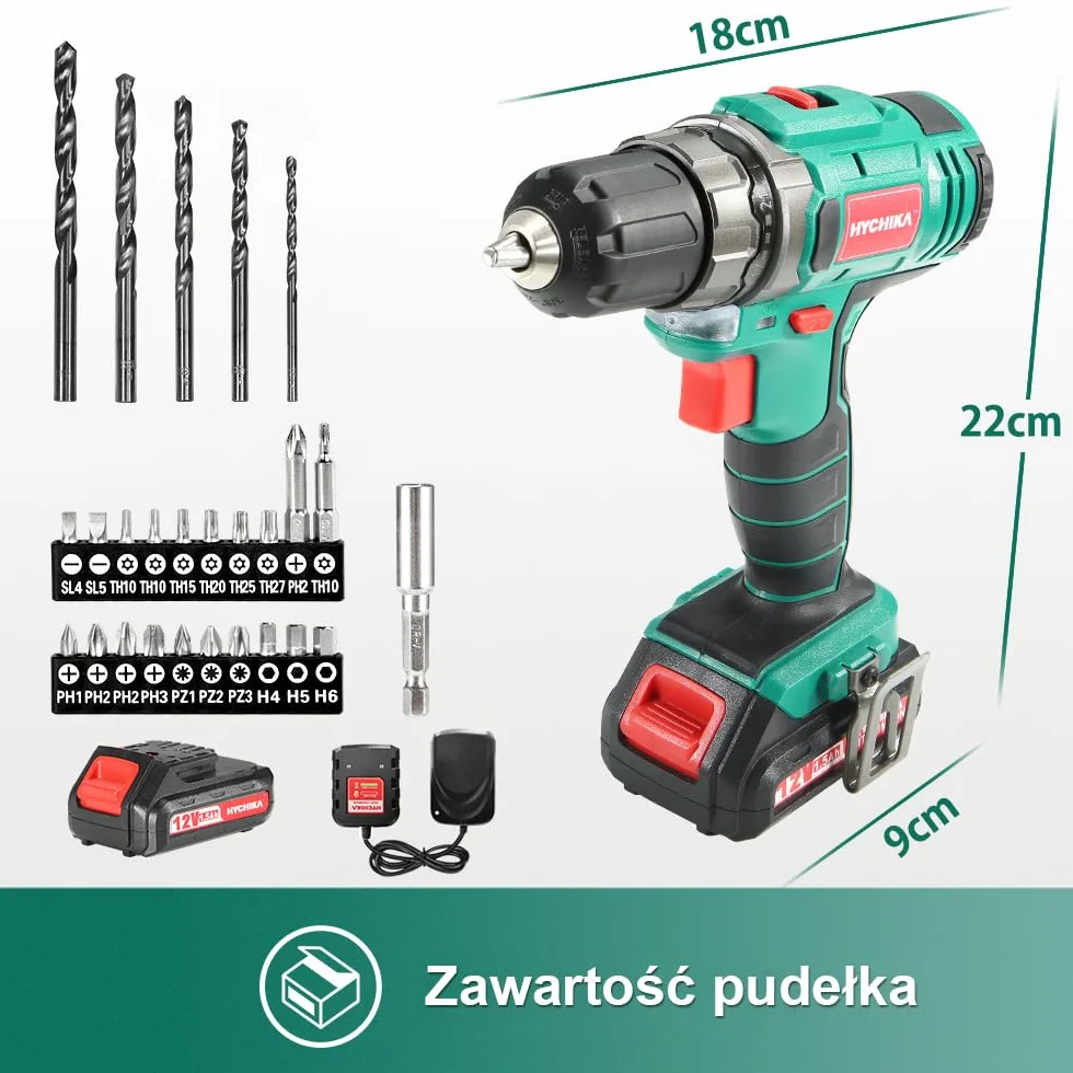 Wiertarka Akumulatorowa 12V, Hychika Wiertarka Elektryczna 30N-M Max Moment Obrotowy Z Akumulatorem 1500Mah, 21+1 regulacji prędkości, 2 regulacje prędkości, 27 akcesoriów, dioda LED
