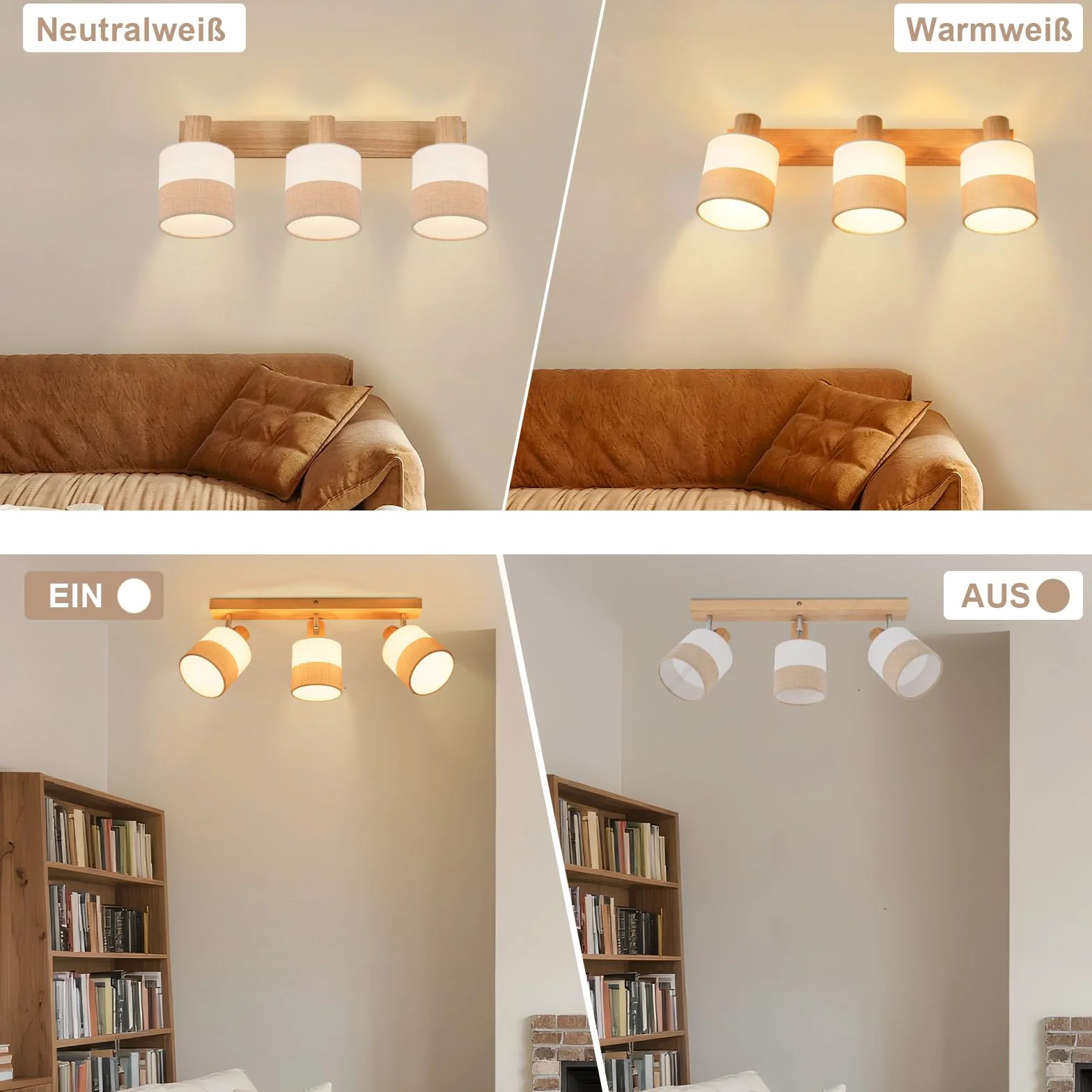 Glitzerlife Reflektor sufitowy 3 płomienie lampa sufitowa drewno - Reflektor vintage E14 klosz z tkaniny retro obrotowy 350° spot MAX.25W przedpokój kuchnia sypialnia salon, bez żarówki