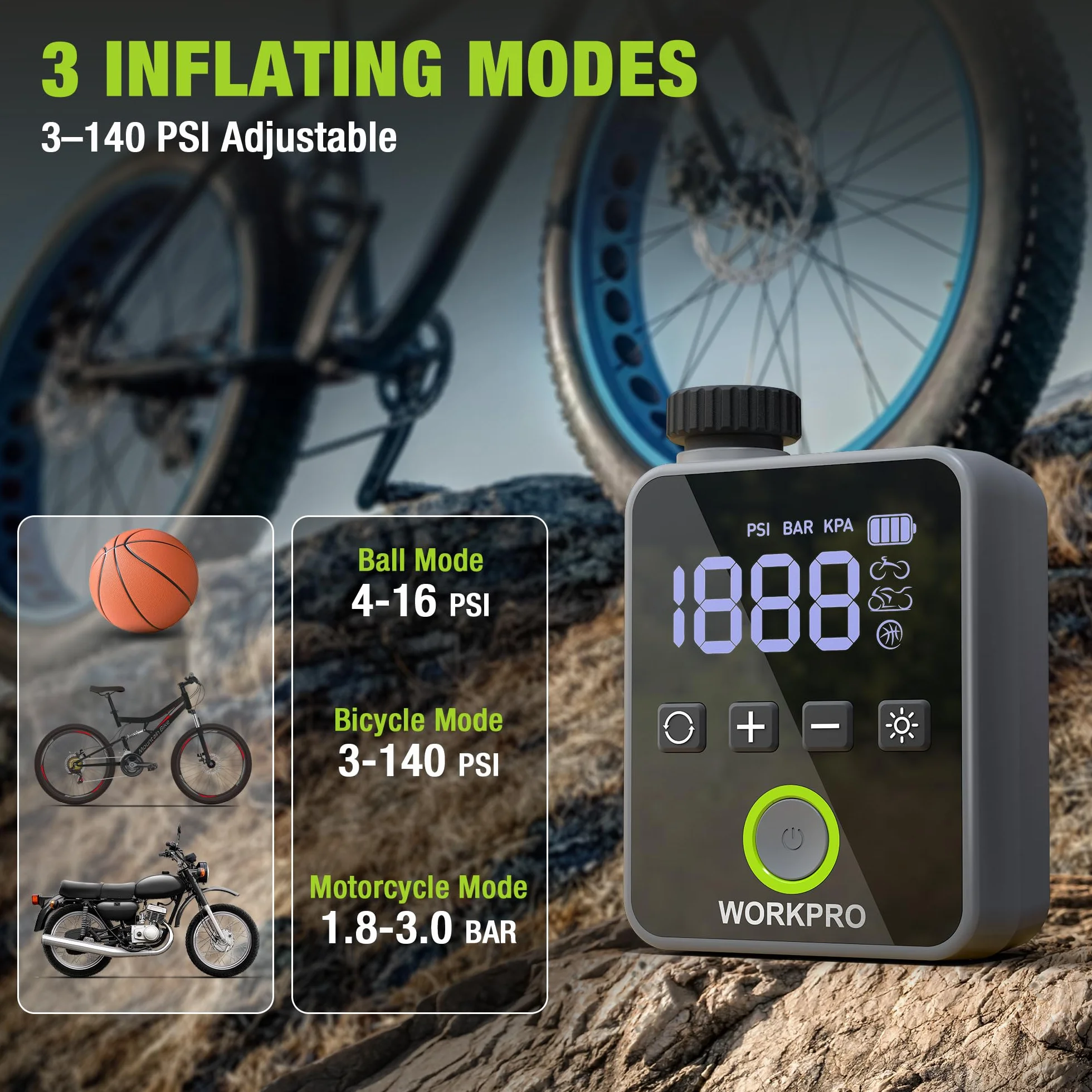 WORKPRO Mini pompka rowerowa, bezprzewodowa, elektryczna pompka powietrza 140 psi, przenośna sprężarka akumulatorowa z wyświetlaczem LED i światłem, do roweru, motocykla i piłki