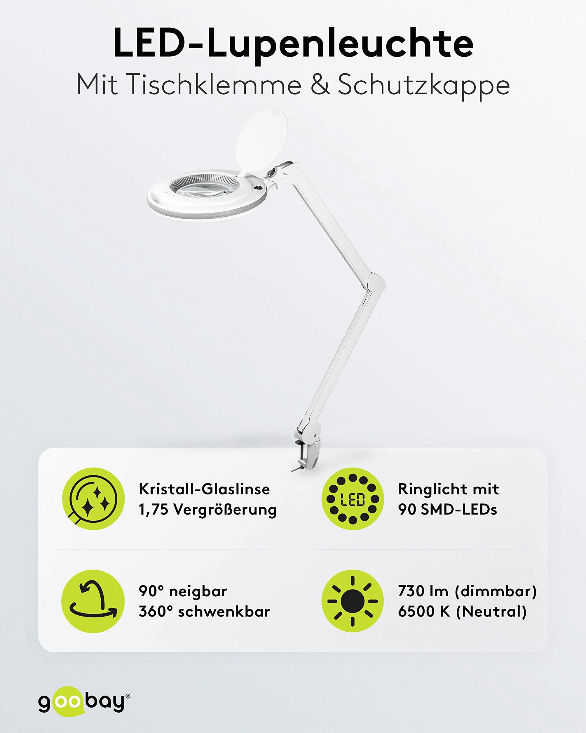 goobay 60362 LED lampa z lupą z zaciskiem/pobór mocy 9 W / 127 mm soczewka ze szkła kryształowego/temperatura barwowa 6400 K/powiększenie 1,75 x/strumień świetlny 83-730 lumenów/biała