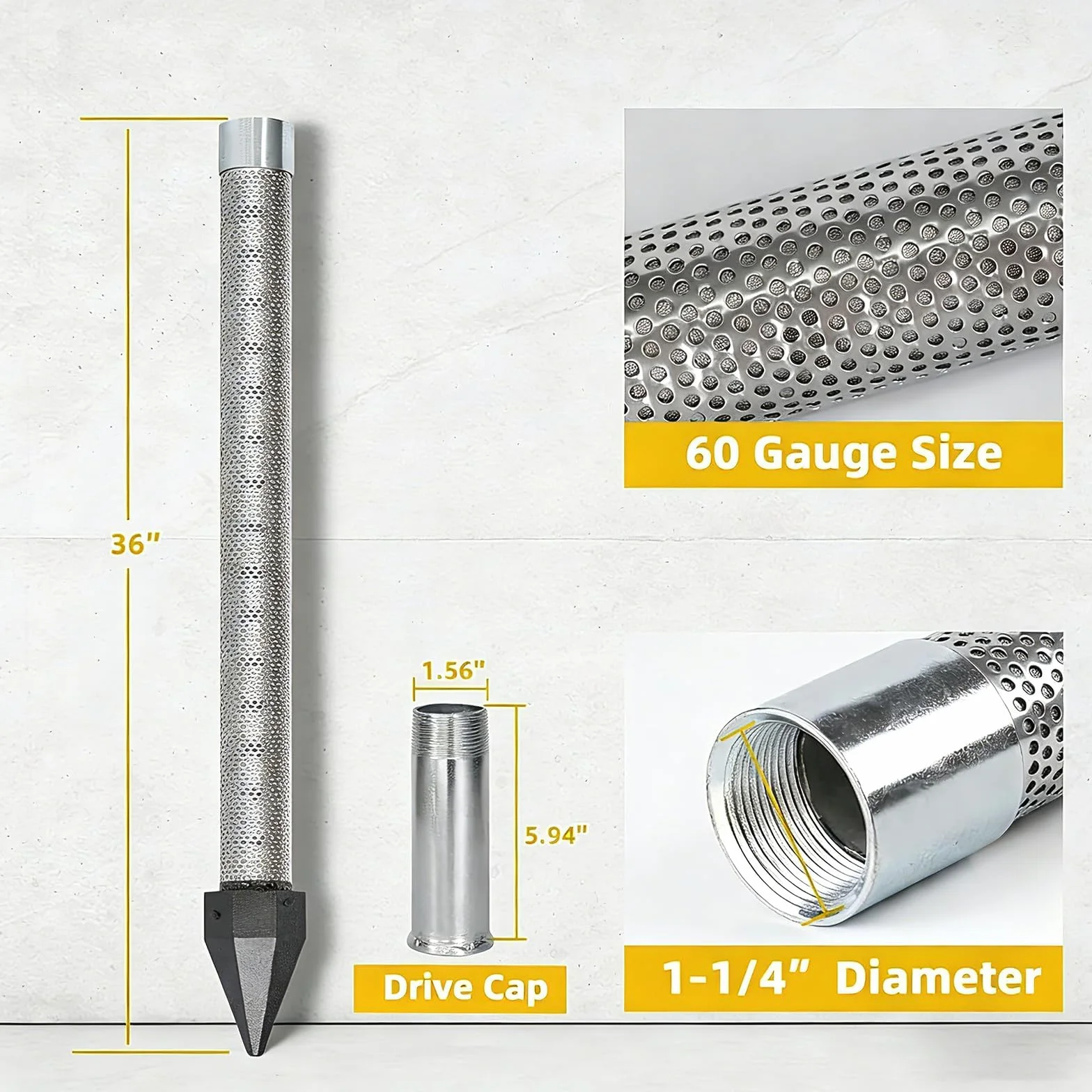 Zestaw studni Sand Point, 1-1/4" ze stali nierdzewnej do wiercenia studni z przesiewaczem 36" 60 mesh i 5 ocynkowanymi rurami, do miękkiej gleby