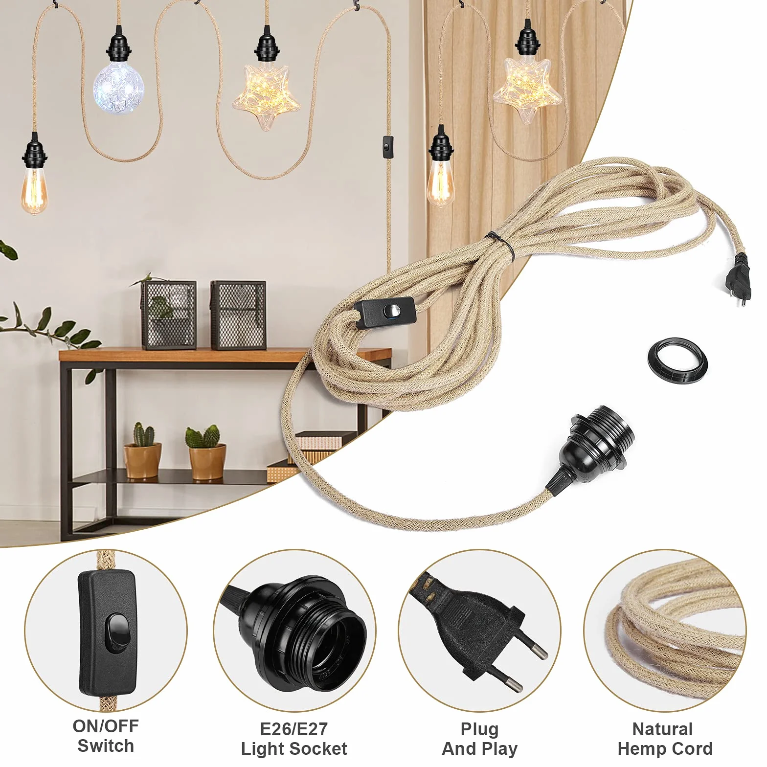 GreenSun Oprawa i lampa E27 z kablem, przełącznik, kabel tekstylny 10 m, 2-żyłowy, przewód elektryczny z zawieszeniem E27/E26